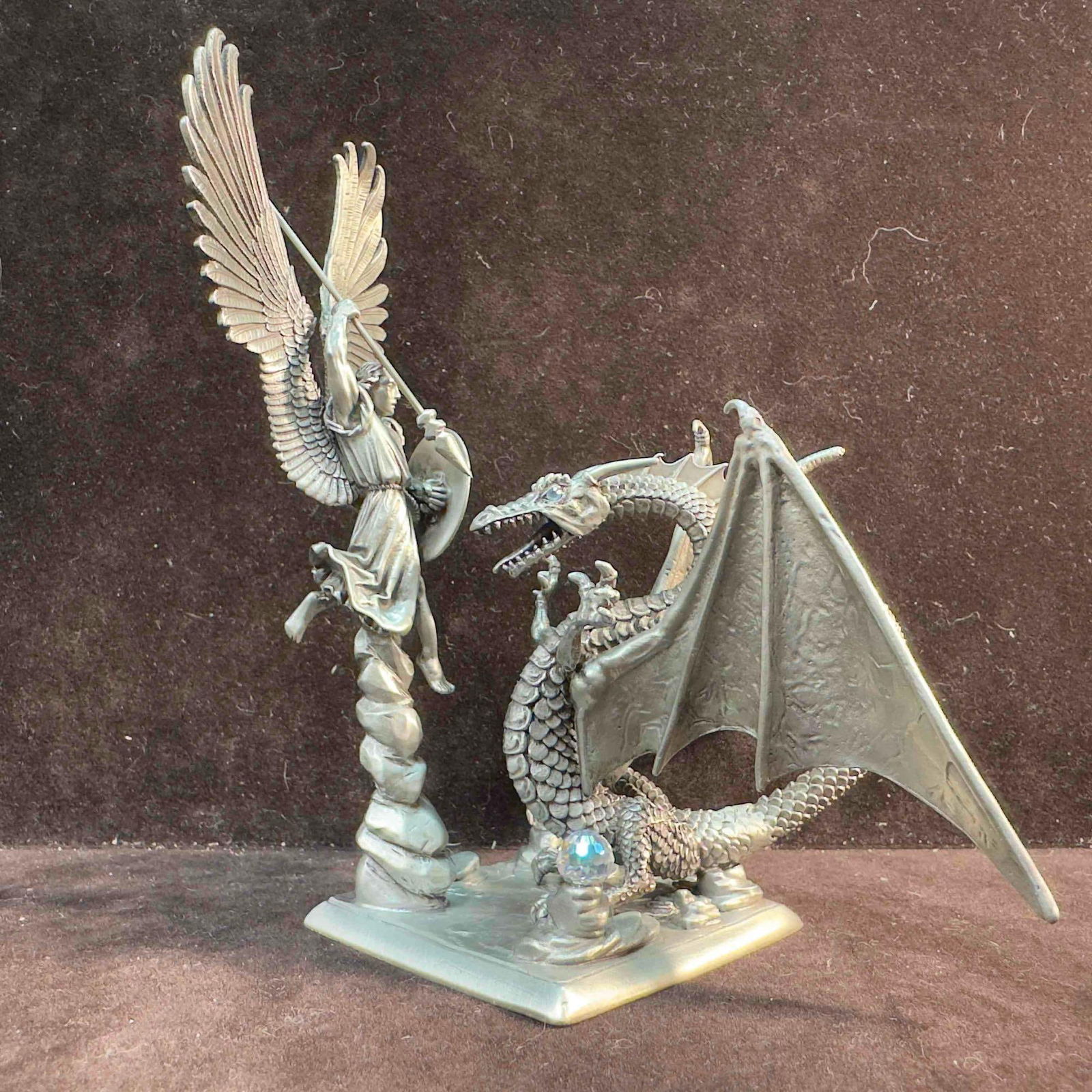 Rawcliffe Pewter 1990 Archangel Micheal Fighting the Dragon Sculpture Figure: Rawcliffe Pewter 1990 Archangel Micheal Fighting the Dragon Sculpture Figure. Rawcliffe PP266 Tom Meier identifying markings etched on the bottom. This item is in good pre-owned, previously displayed