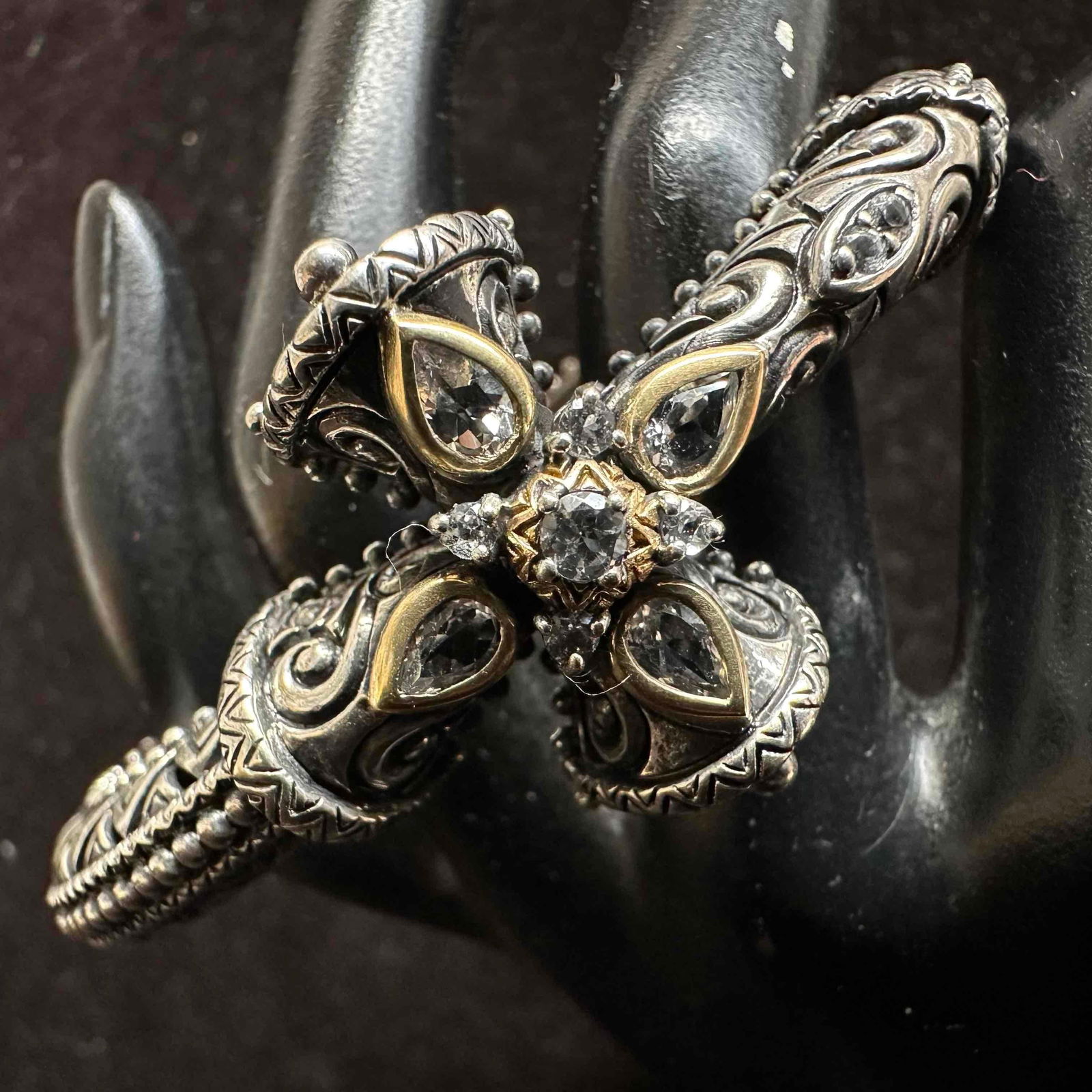 Barbara Bixby Hinged Karma Works Cross White Topaz Sterling 18K Gold Bangle Bracelet (1 of 13)