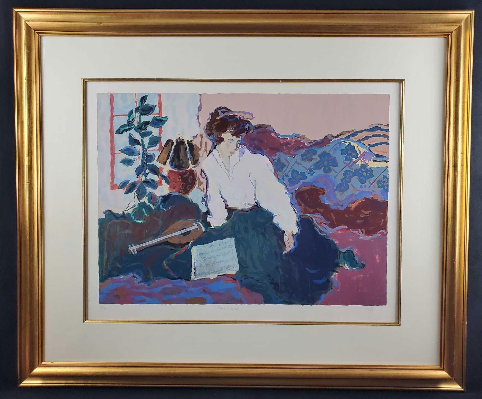 Limited Edition Signed Dufy Serigraph Musicienne: Framed Limited Edition Signed Dufy Serigraph 'Musicienne'. It shows a young woman on a bed with a lute and sheet music. It is framed with an antique style bronze frame with double-matting. Framed art