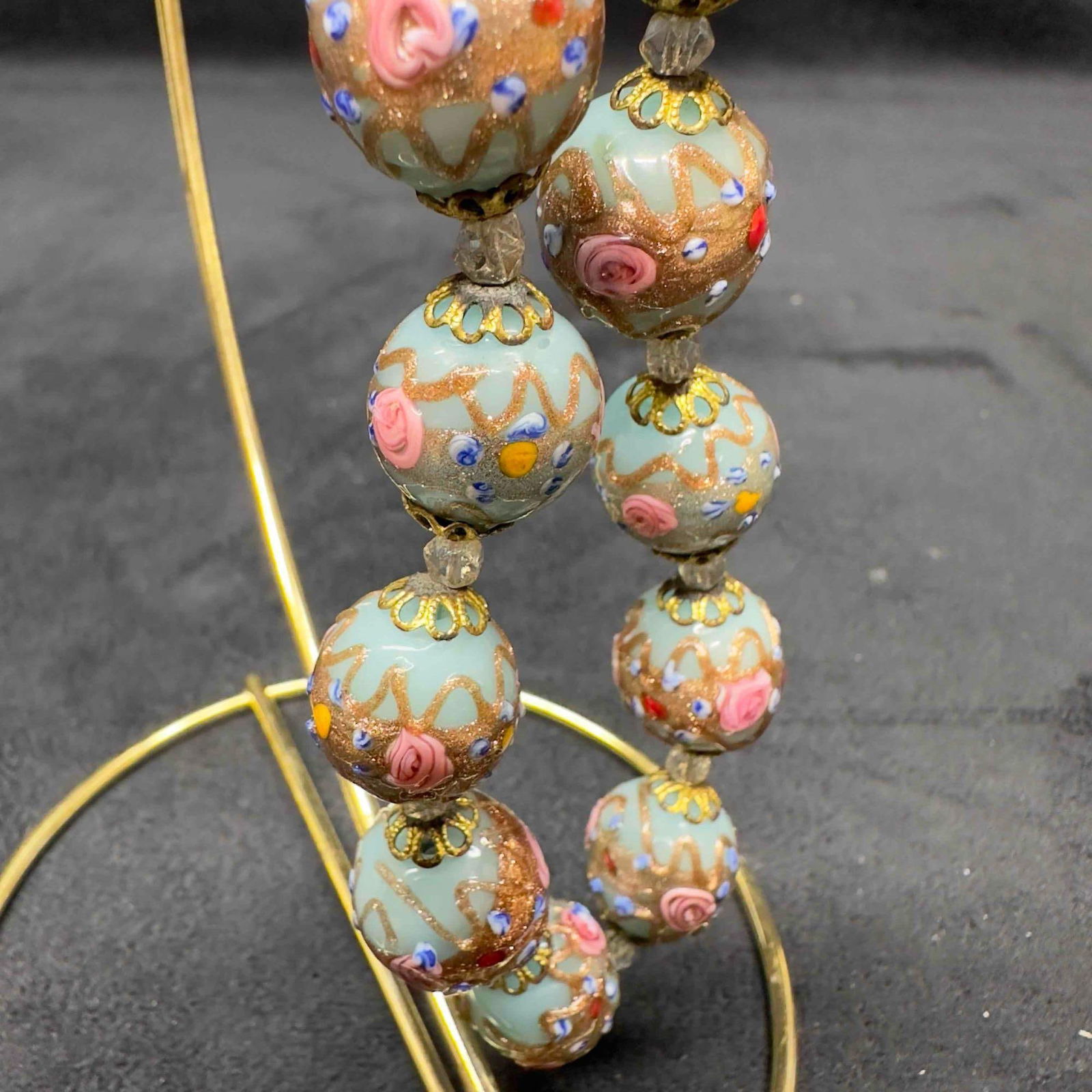 Venetian Murano Glass Lamp Work Fiorato Light Blue Round Bead Floral Beaded Necklace A104 (1 of 9)