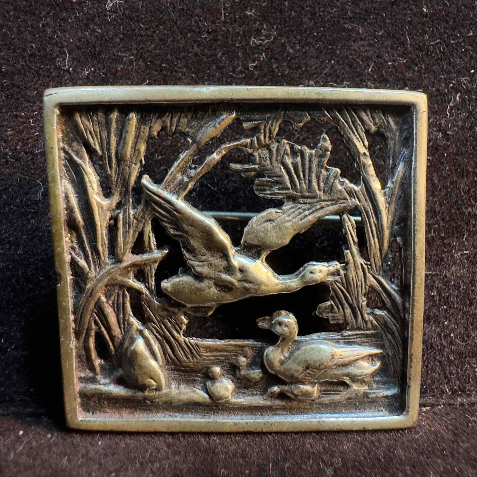 Duck Lake Scene Naple Embossed Cut Out Sterling Brooch: This item is in good pre-owned, previously used/displayed condition with noticeable light wear, and surface scratches. Please reference all photos for full details. This piece of jewelry has been test