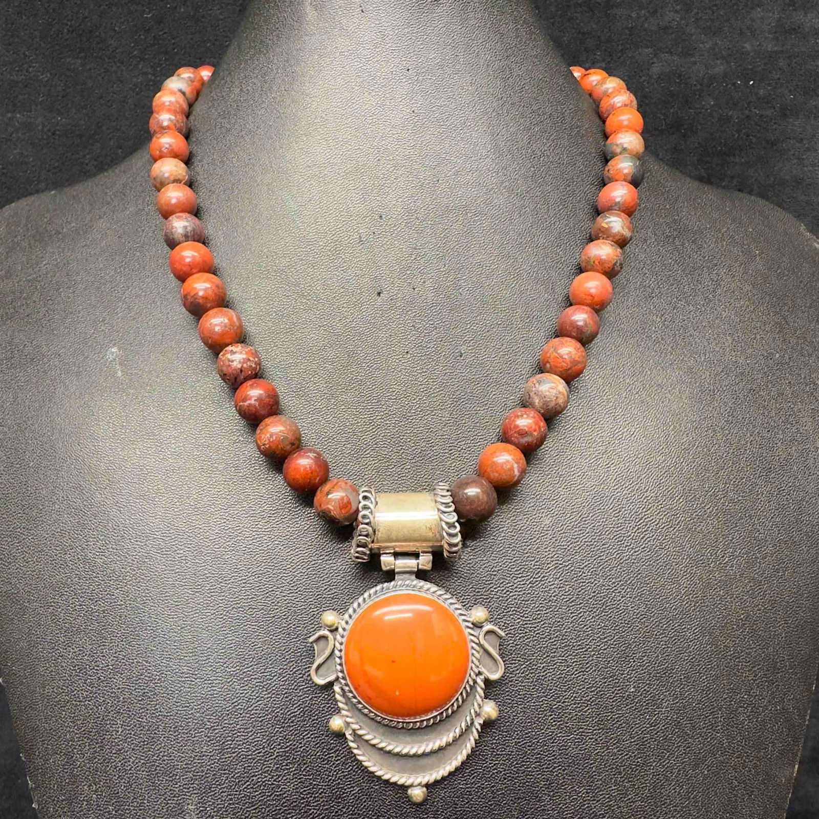925 Mexico CII Carnelian Pendant Red Jasper Bead Sterling Silver Necklace (1 of 9)