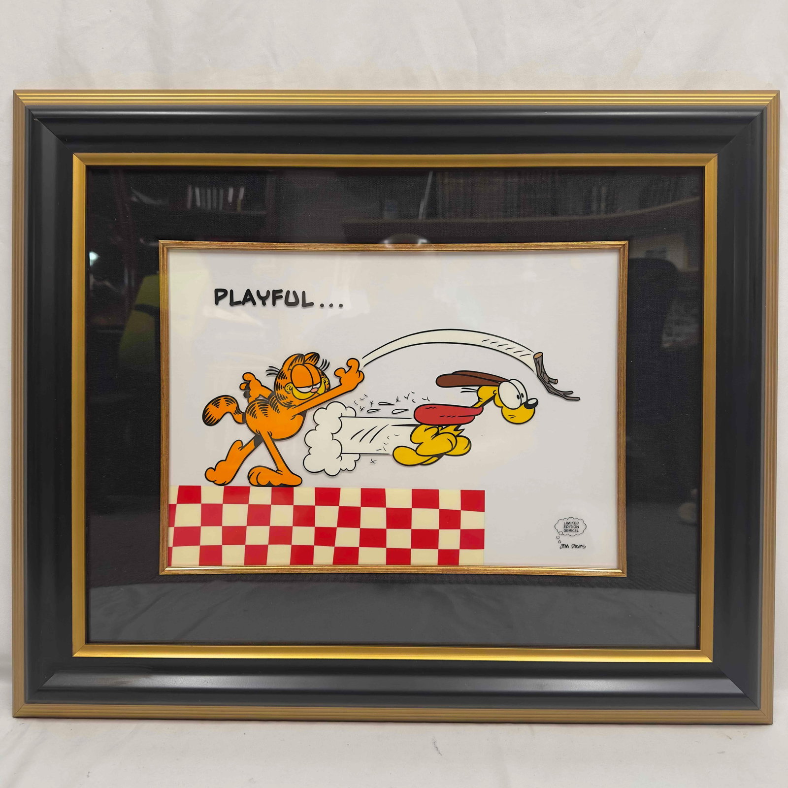 Jim Davis Garfield Playful Limited Edition Sericel Framed 1993: Jim Davis Garfield Playful Limited Edition Sericel Framed 1993. Sericel. From the limited edition of 9500. Includes original Park West Certificate of Authenticity and Appraisal paperwork. This item is