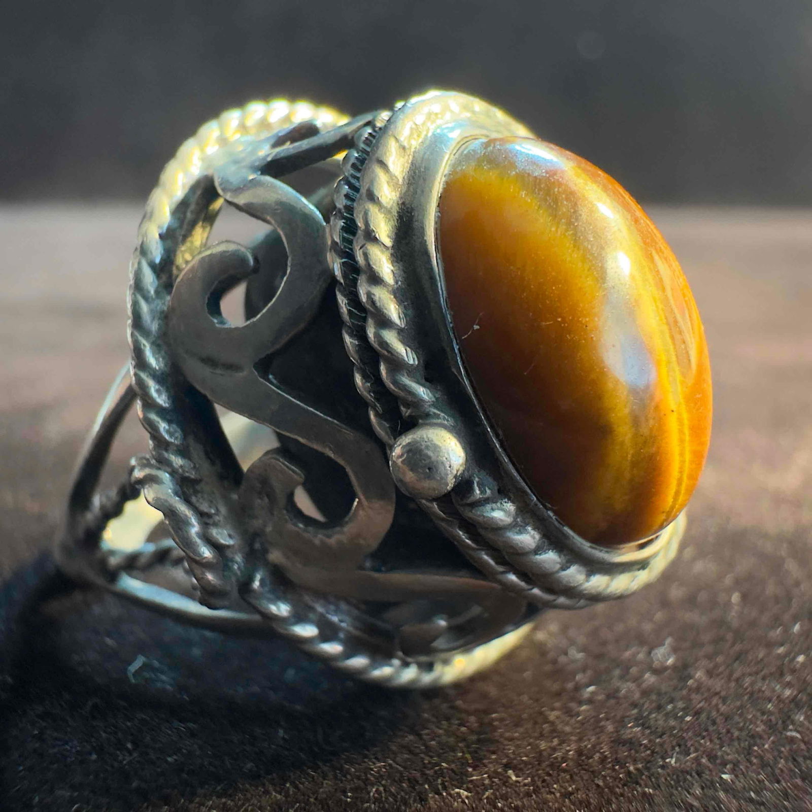 Tiger's Eye Cabochon Sterling Silver Trinket Box Ring Taxco Mexico (1 of 10)