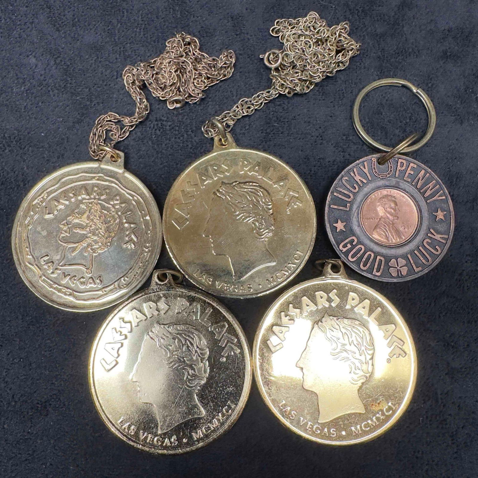 Vintage Caesars Palace Gold Tone Coin Medallion Pendant Necklace Set Las Vegas Casino Lot of Five (1 of 5)