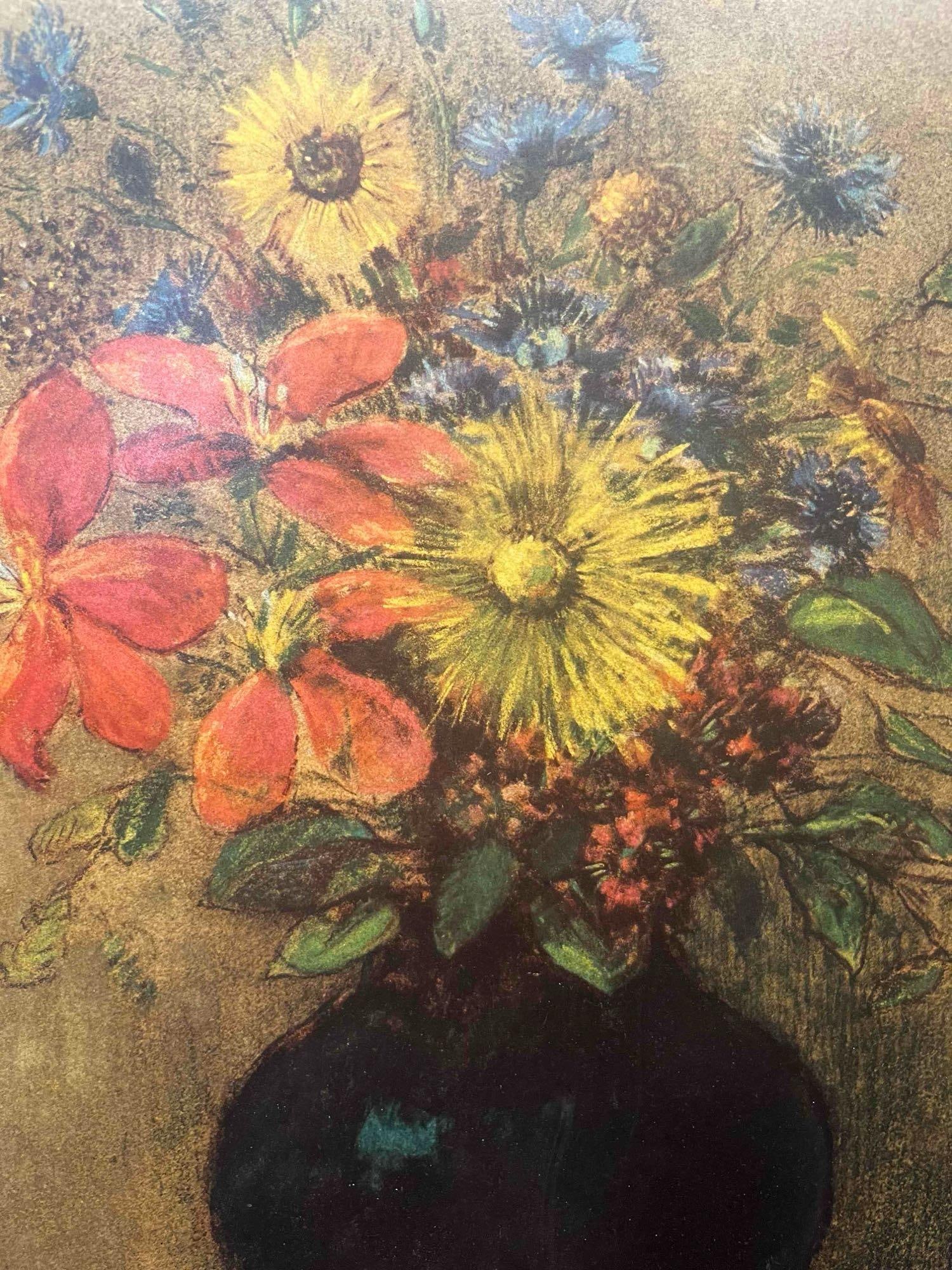 Framed Print On Wood Board Of Odilon Redon's Wildflowers: This lot contains a Framed Print On Wood Board Of Odilon Redon's (April 20, 1840 - July 6, 1916) Wildflowers. The original artwork is located at the National Gallery Of Art in Washington D.C. Bet