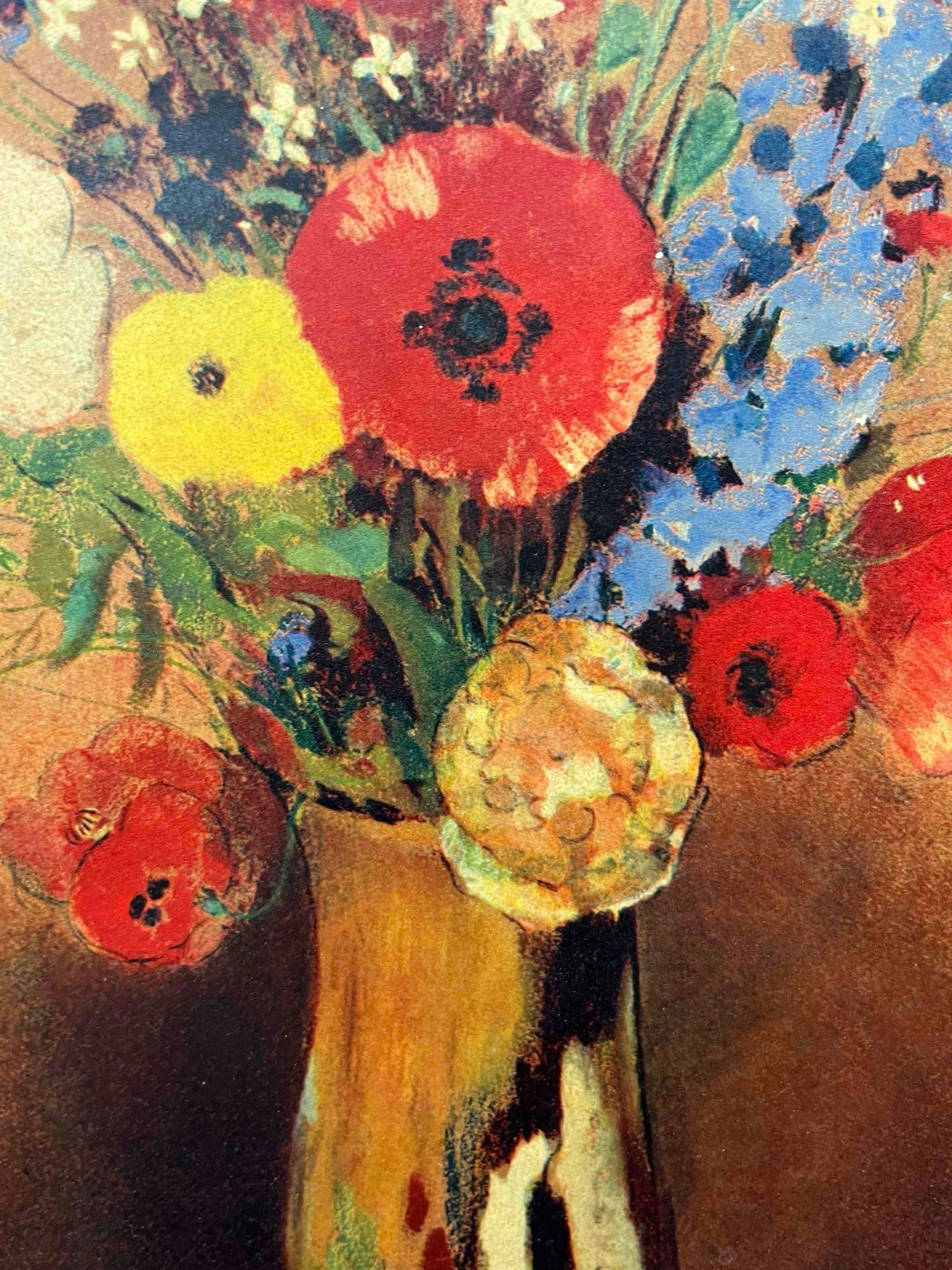 Framed Print On Wood Board Of Odilon Redon's Wild Flowers in a Long Neck Vase: This lot contains Framed Print On Wood Board Of Odilon Redon's (April 20, 1840 - July 6, 1916) Wild Flowers in a Long Neck Vase. The Original artwork is located at the Musée d'Orsay in Paris,