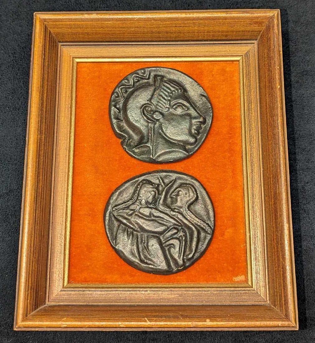 Framed Vintage Greek Paperweight Coin Replicas: Framed Vintage Greek Paperweight Coin Replicas. Each coin replica/paperweight is approx 3" x 3". The frame is approx 6 7/8" x 1 3/4" x 8 1/2" and it weighs 2.03lbs. There are some markings and w