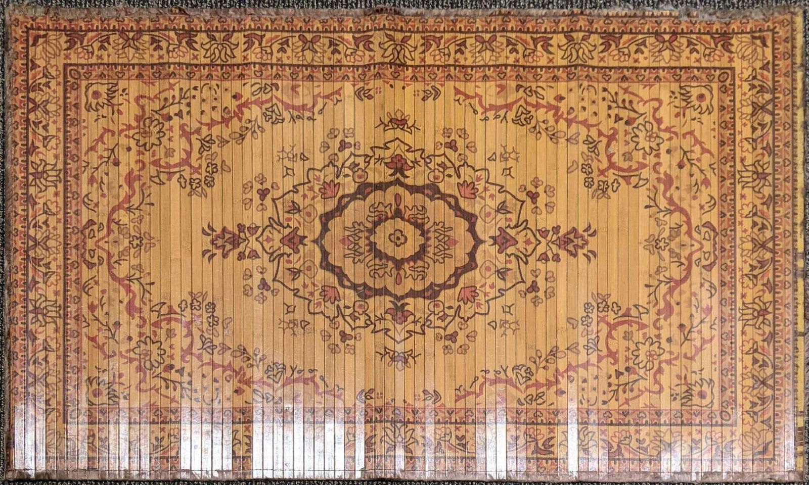 Wooden Floor Mat Prayer Mat: Wooden Floor Mat Prayer Mat This floor mat is in good condition is has been used, we believe the wood is most likely bamboo with a beautiful design painted on it. The sides with fur are worn and the m