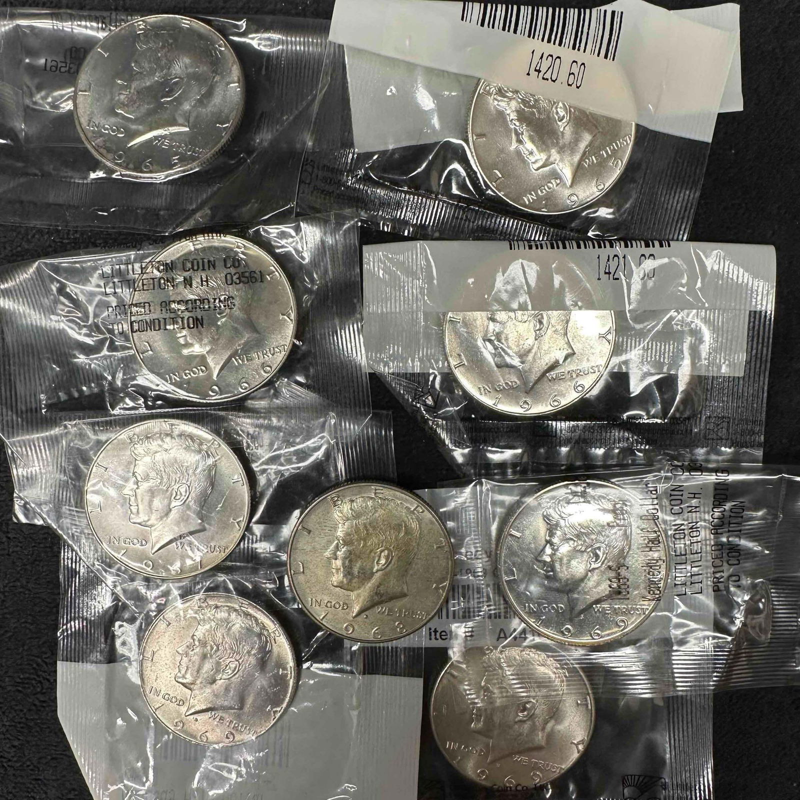 Lot of Nine 1965-1969 Kennedy Half Dollars Collection of 9 .400 Silver Coins (1 of 9)
