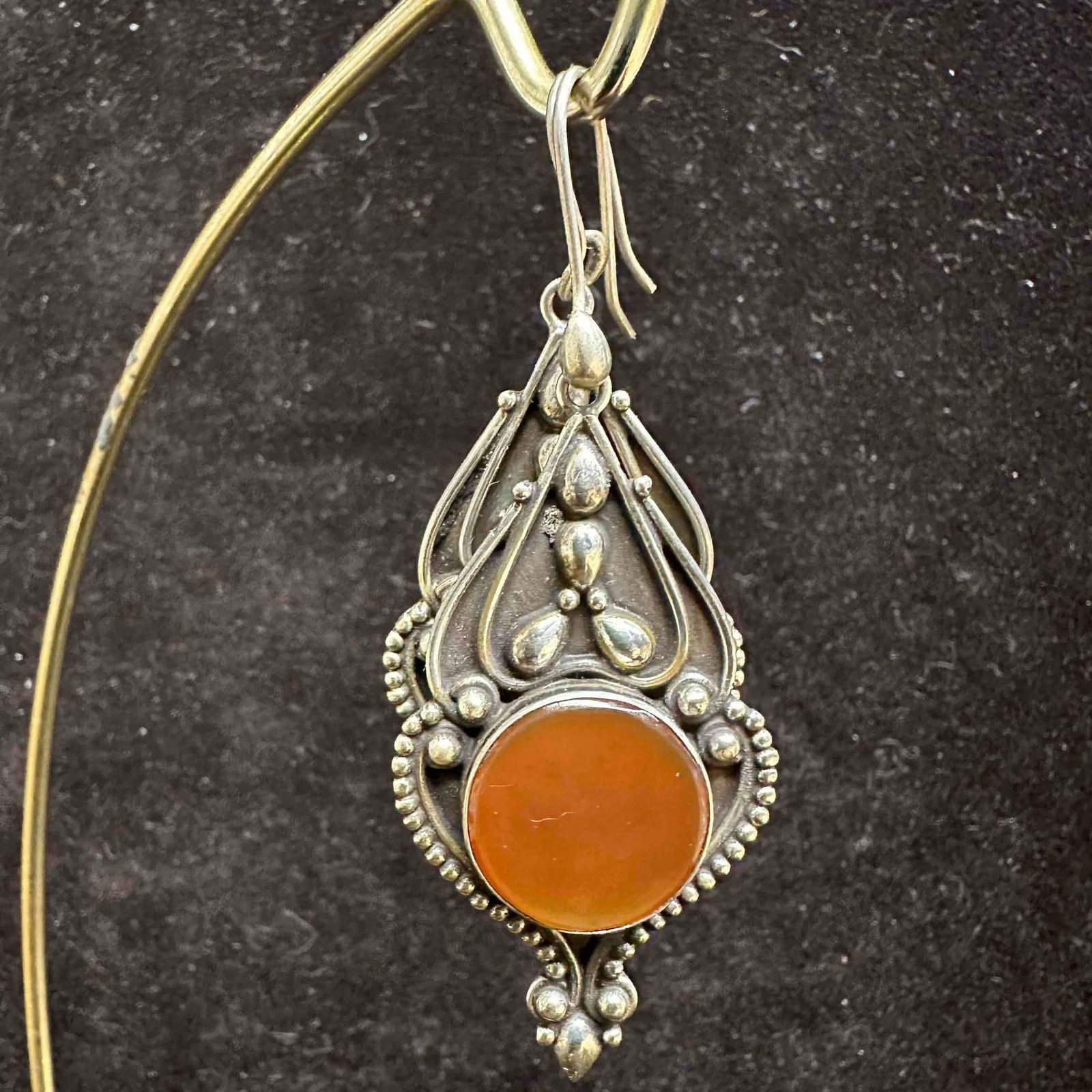 Round Carnelian Sterling 925 Ornate Metal Work Dangle Earrings (1 of 6)
