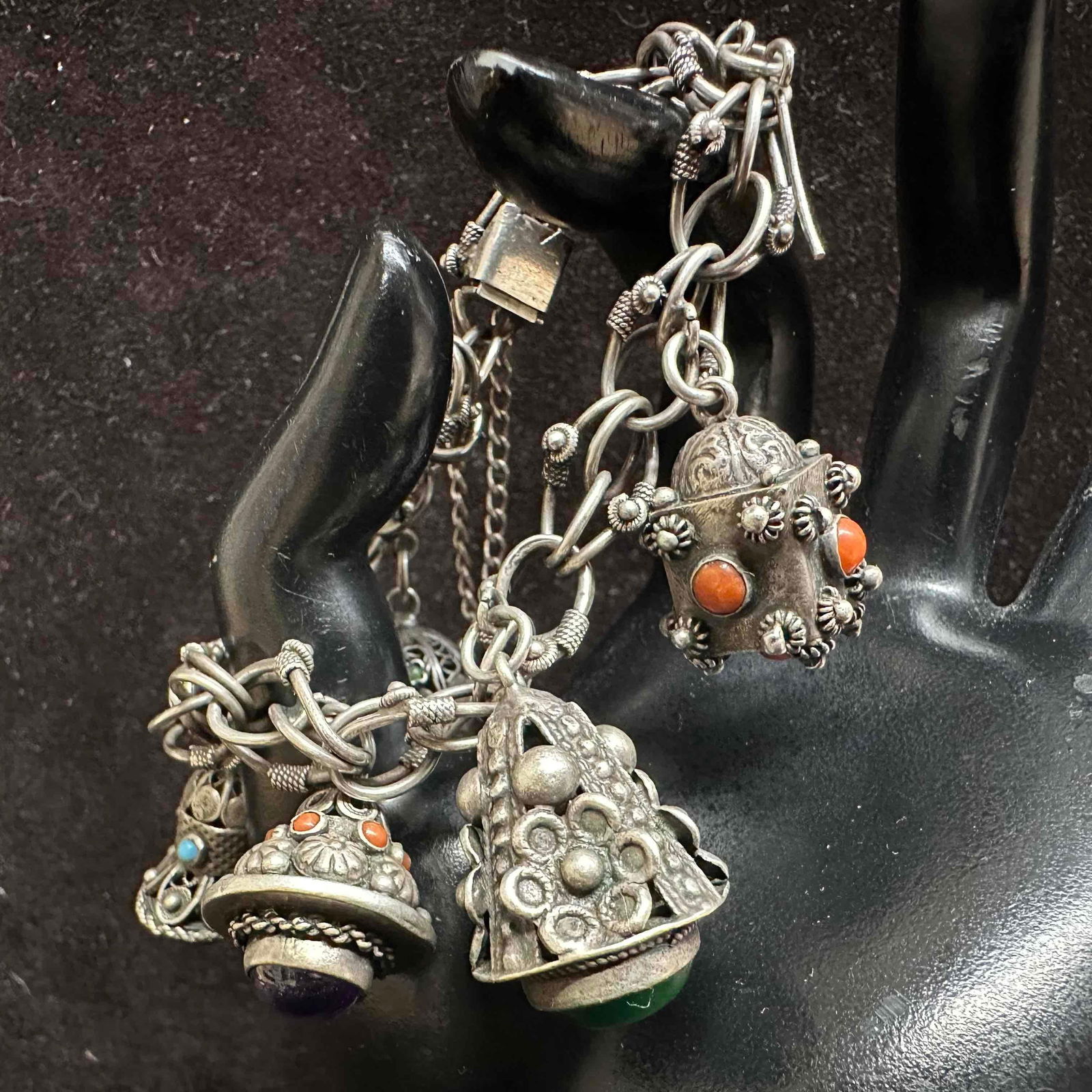 Etruscan Revival Style Silver 800 Multiple Ornate Natural Stones Charm Bracelet H12 (1 of 7)