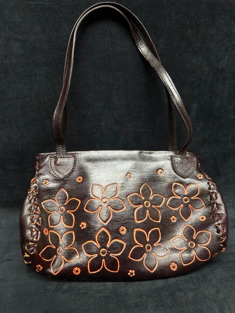 Vintage Leather Handicraft Purse Embossed Flowers D (1 of 4)