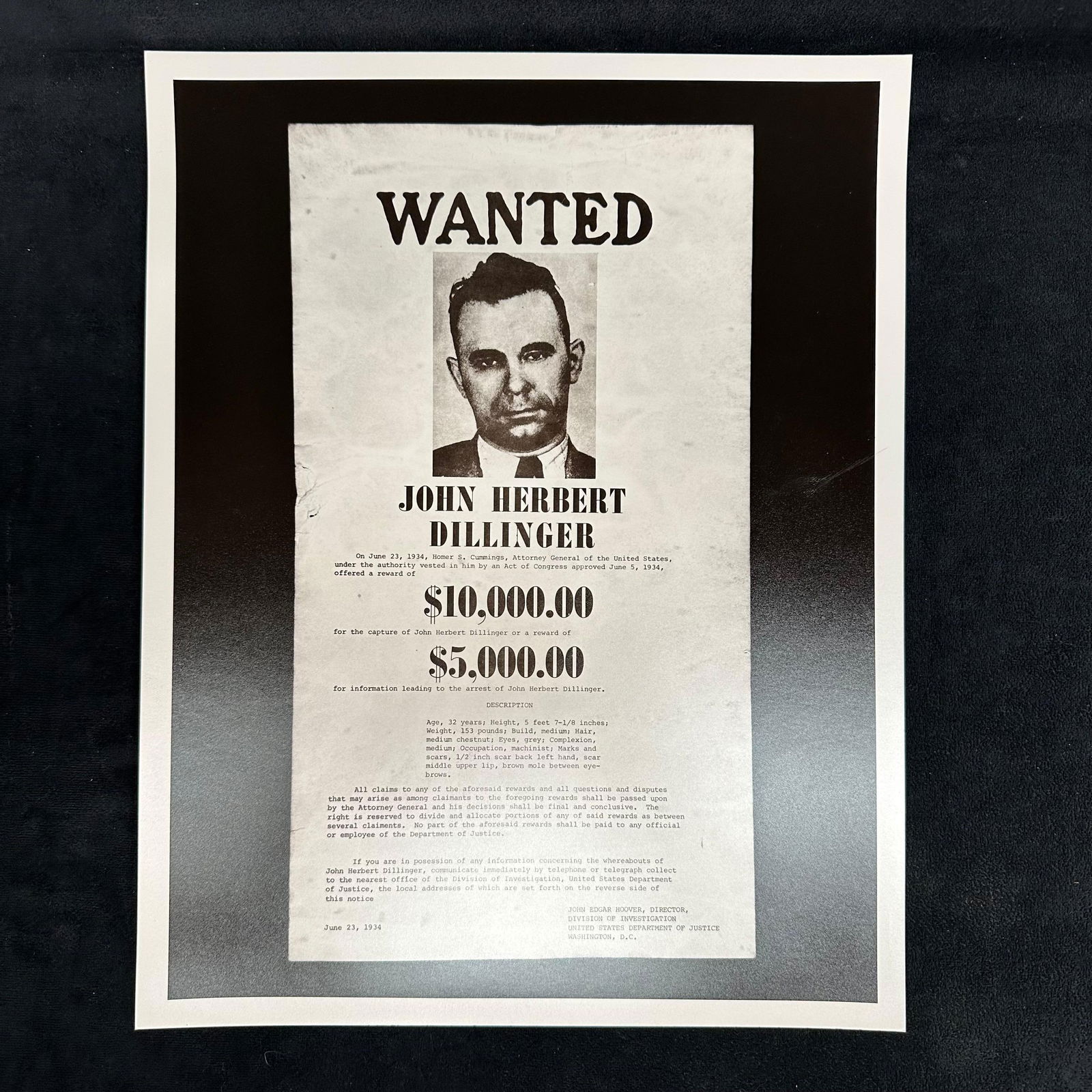 John Herbert Dillinger FBI Wanted Poster $10,000 Reward Black and White Analog Photography Print #2 (1 of 5)