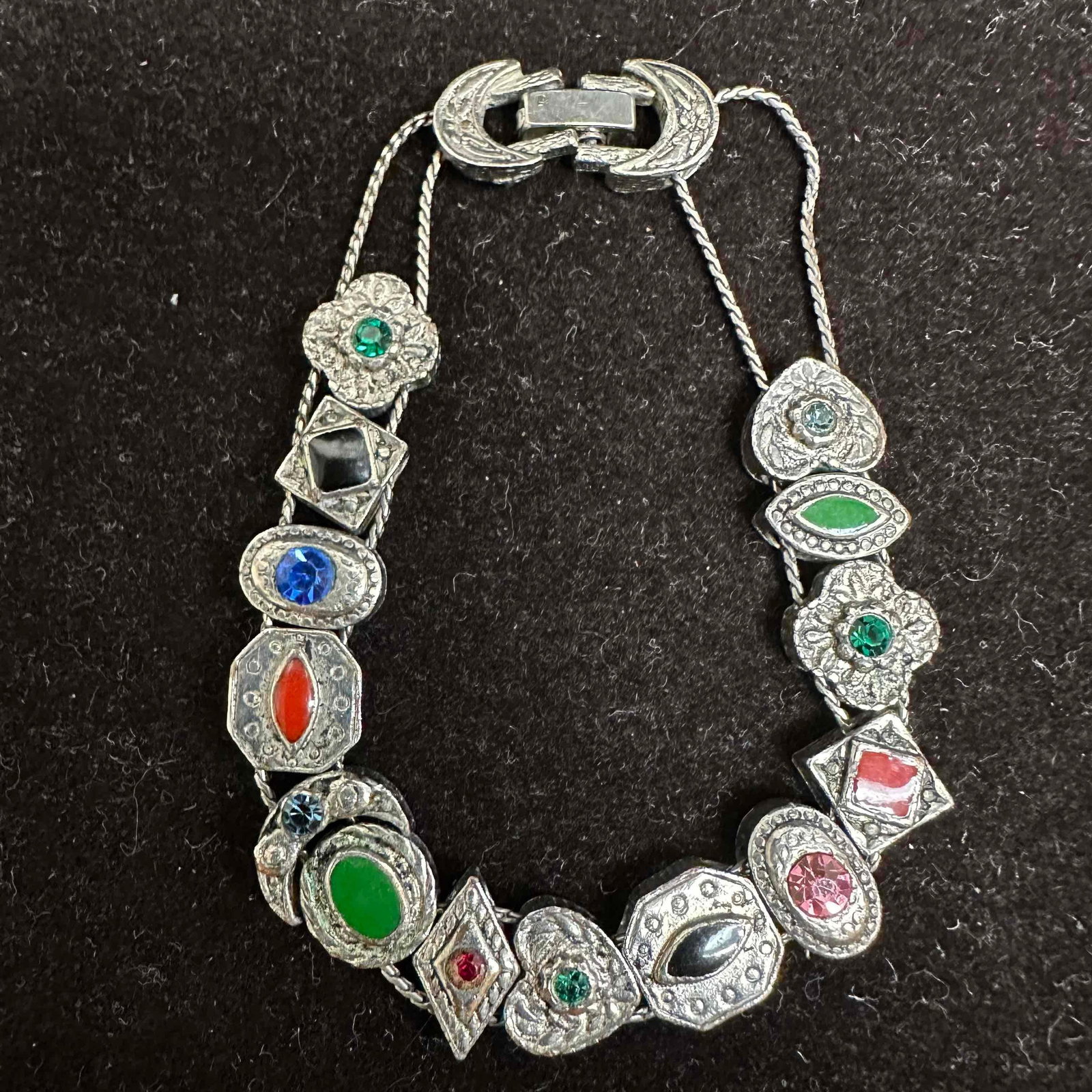 Victorian Style Rhinestone Enamel Charm Slider Heart Moon Bracelet H37: No hallmarks or maker marks noticed. Rhinestone and enamel accent charms. This item is in good pre-owned, previously displayed condition with light wear, and surface scratches. Please reference all ph