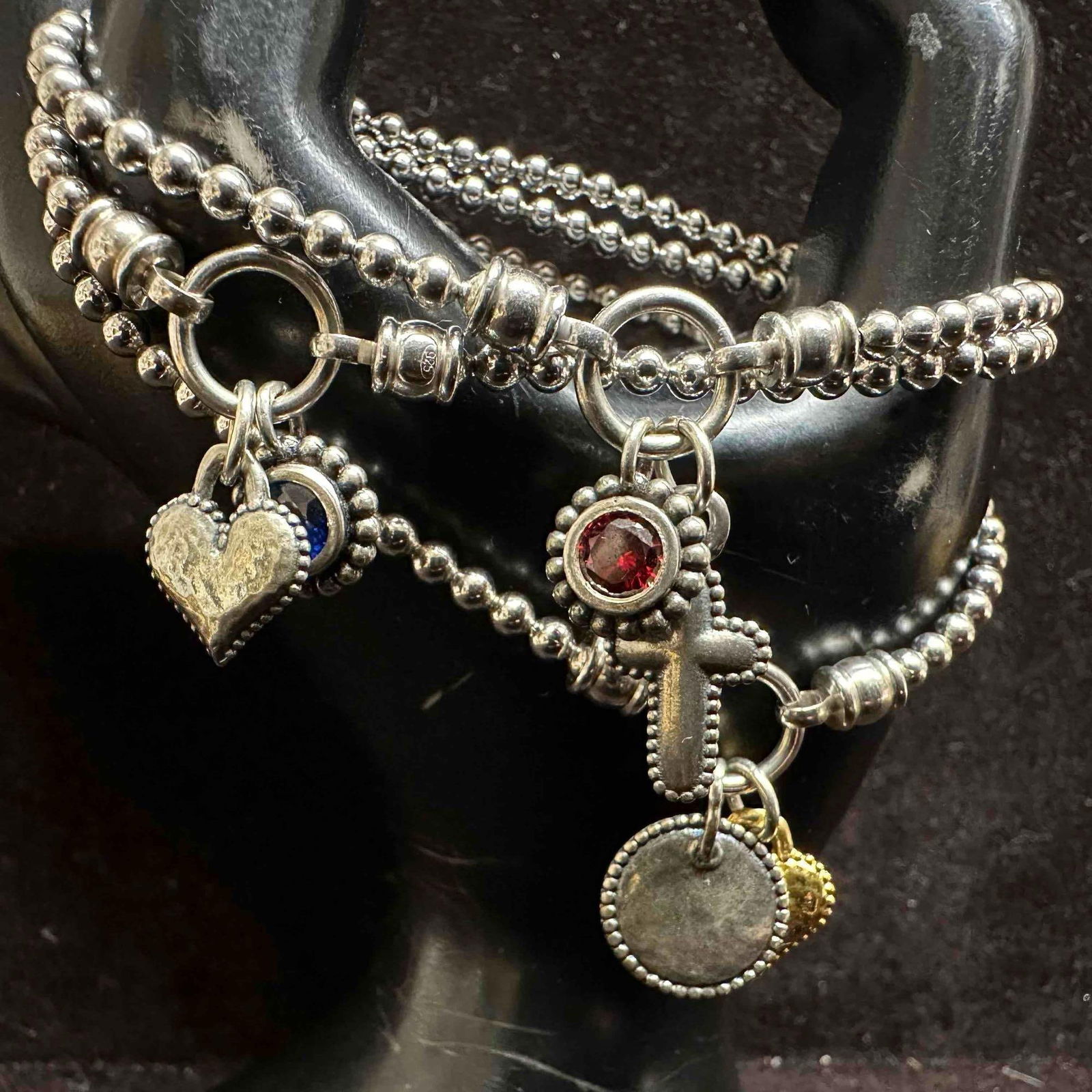 Sterling Silver Round Bead Bracelet Set of Three Adorned with Dangle Charms H27 (1 of 8)