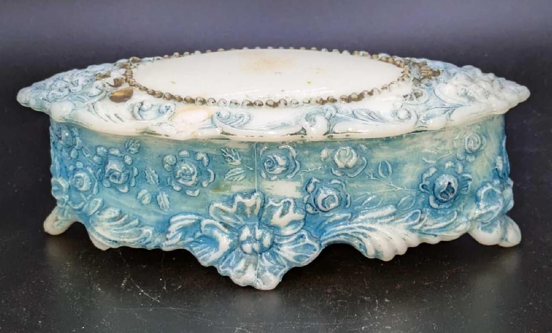 Antique Blue Milk Glass Hat Pin Box (1 of 7)