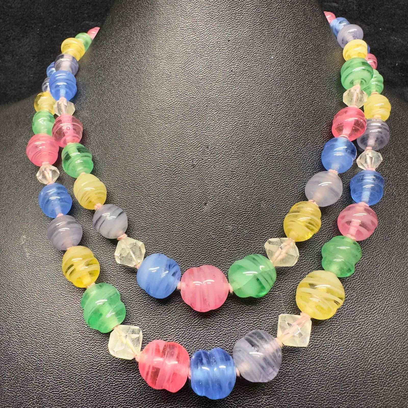 Venetian Murano Lamp Work Glass Art Light Bright Multi Colored Beaded Triple Layer Necklace E57 (1 of 14)