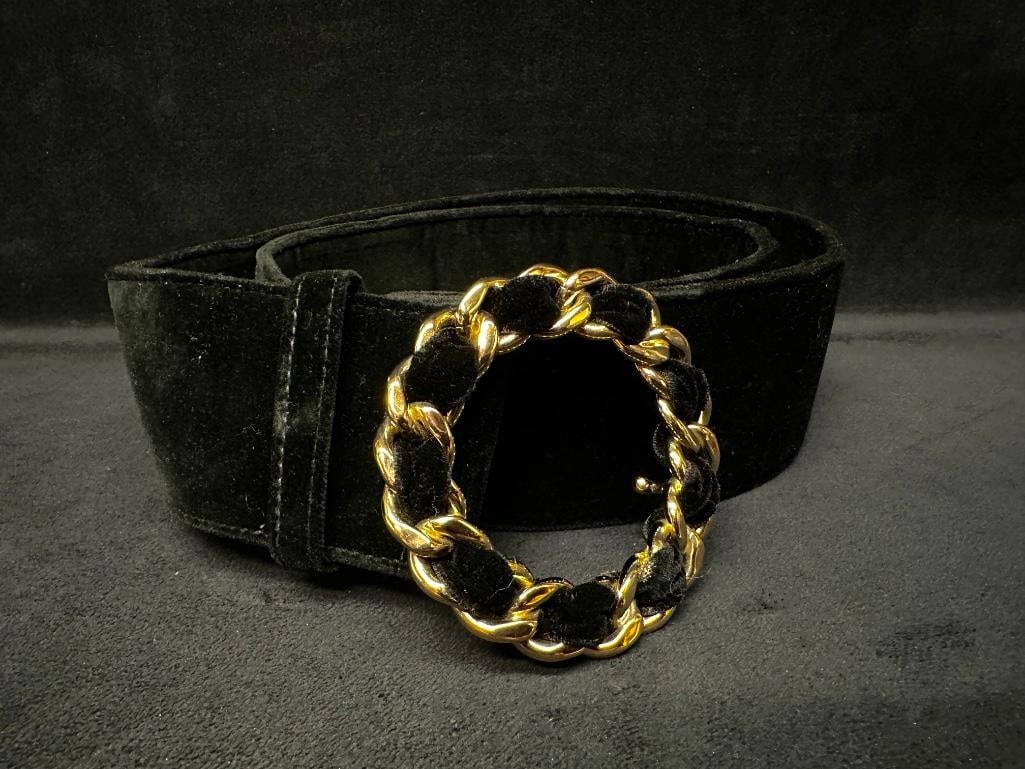 Chanel Velour Belt With Chain Buckle: Chanel Velour Belt With Chain Buckle Black velour belt with gold chain belt buckle by Chanel, most likely from the 2000's. The belt is size 95/38. In good condition with some creases in the bel