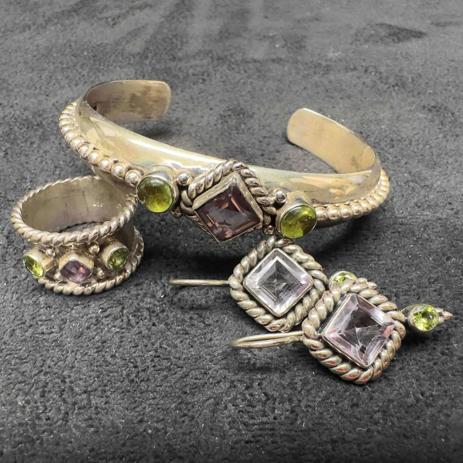 Amethyst and Peridot SU Sterling Silver Ring Cuff Bracelet and Earrings Set (1 of 16)