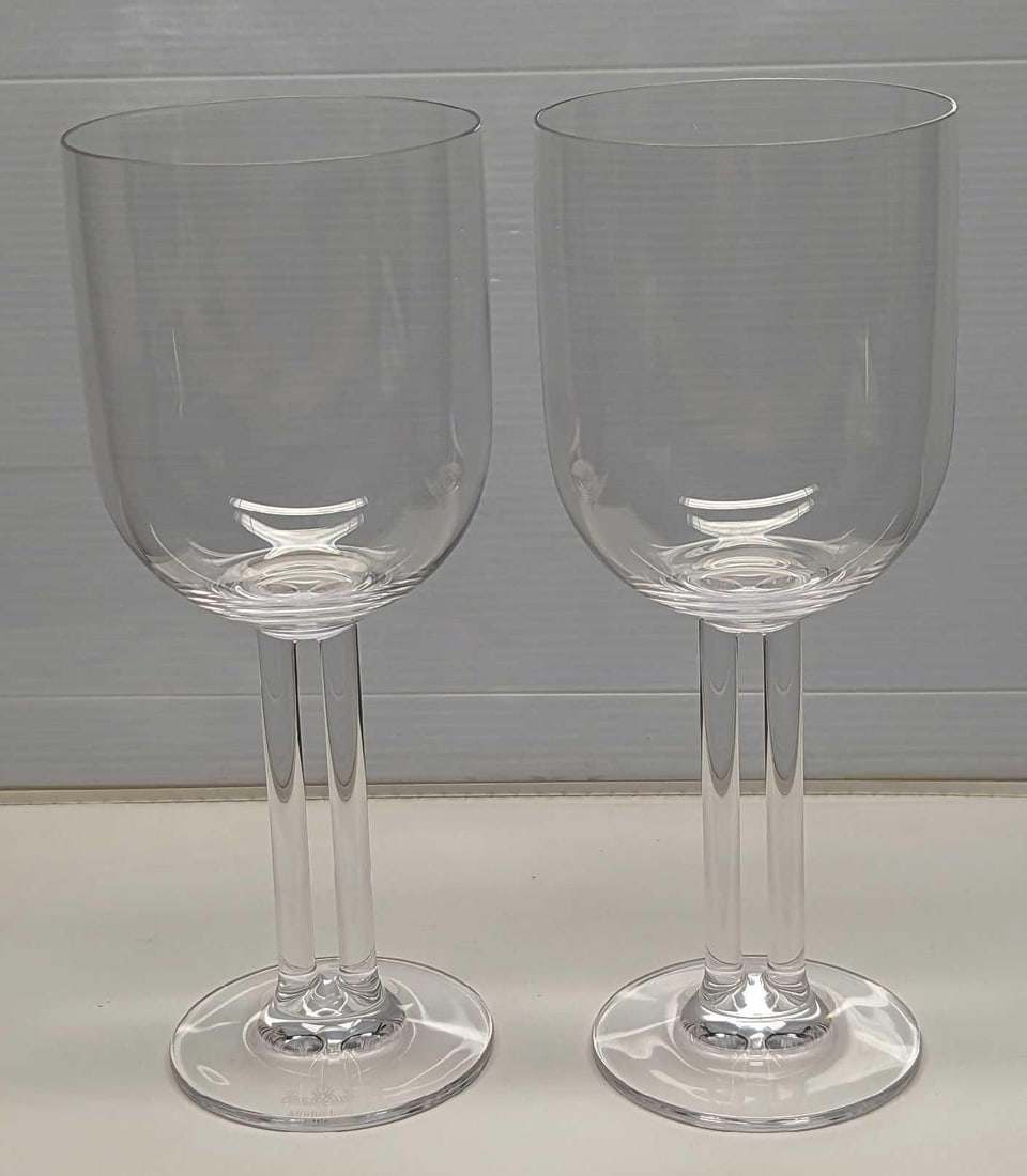 2 8" Rosenthal Crystal Double Stem Wine Glasses B: 2 8" Rosenthal Crystal Double Stem Wine Glasses B. Part of the "Studio Line" series. Each glass is approx 3 1/8 x 3 1/8" x 8" and together they weigh 0.86lb. The glasses have no chips or cracks.