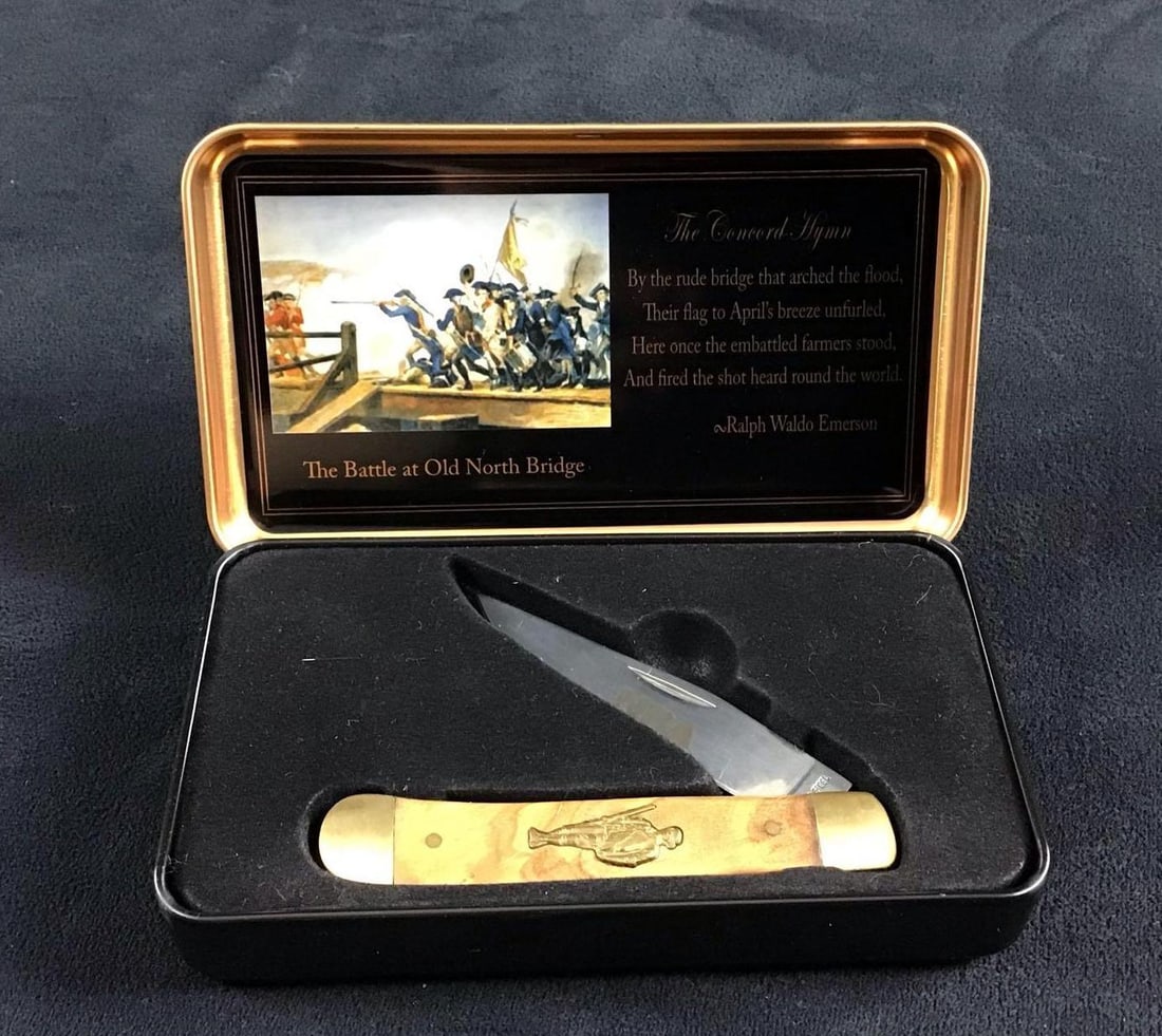 The National Rifle Association Tribute Folding Knife Commemorating 140th Anniversary: This is a NRA tribute folding knife from 2011 when they celebrated 140 years since their founding. It is in a tin case that features the Concord Hymn by Ralph Waldo Emerson inside. The knife is sterli