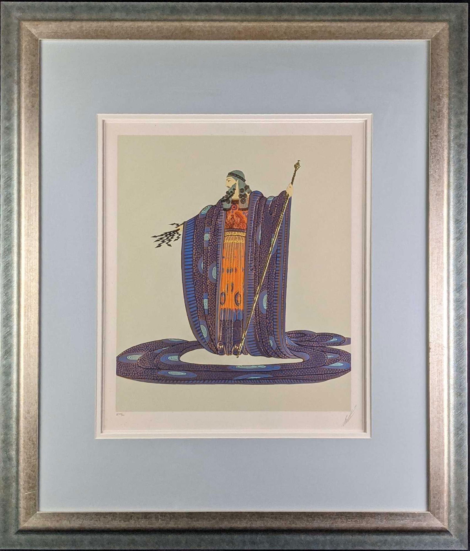 Framed Erte Zeus Serigraph Embossed With Gold/Silver Foil LE Artist Proof: Erte" Zeus"-1981 Serigraph on Paper Embossed with Gold/Silver Foil. Artist Proof (43/60) by Circle Gallery. This serigraph by Erte depicts the mythological Greek god Zeus holding his iconic light