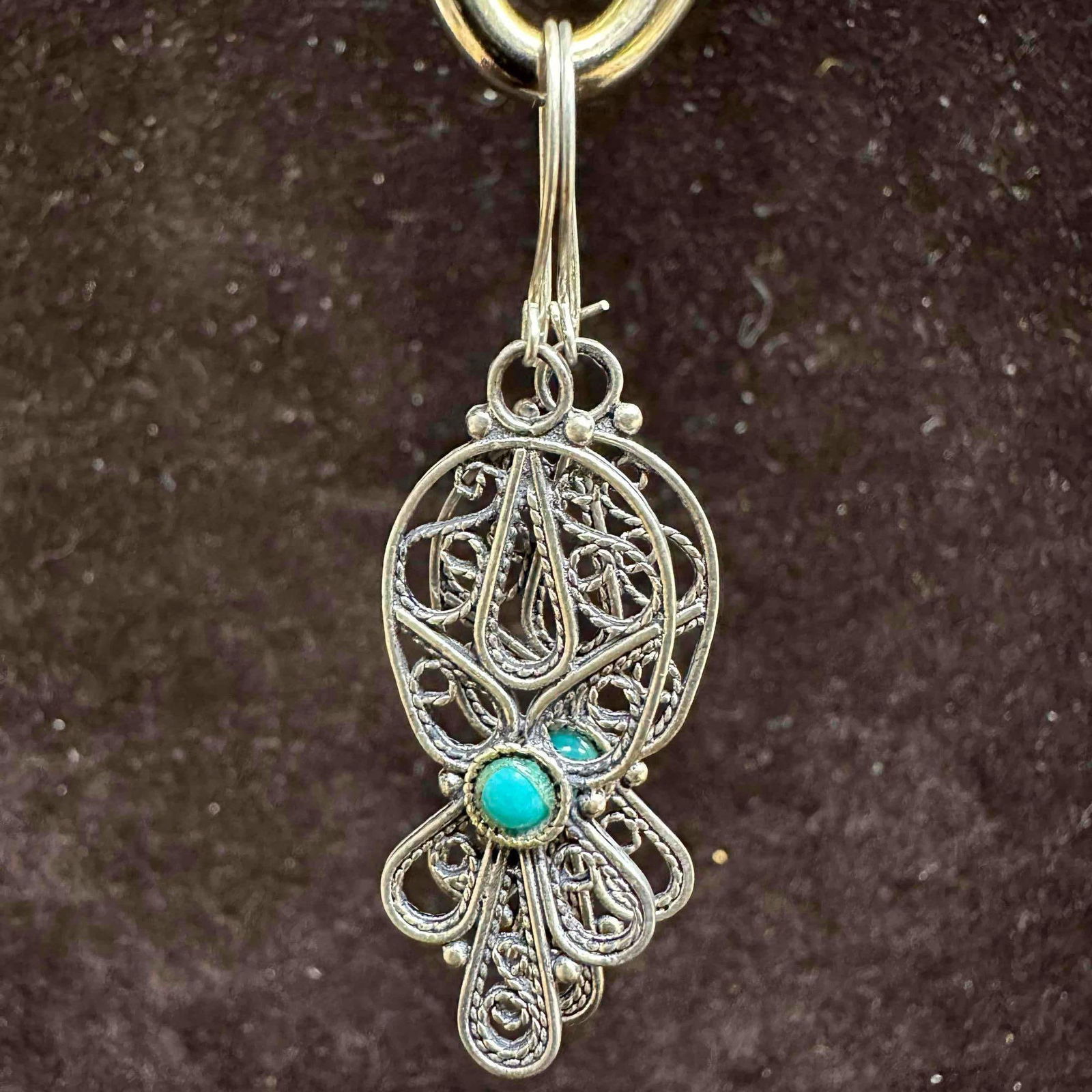 Israeli Long Dangle Faux Turquoise Enamel Sterling Silver Filigree Earrings (1 of 6)