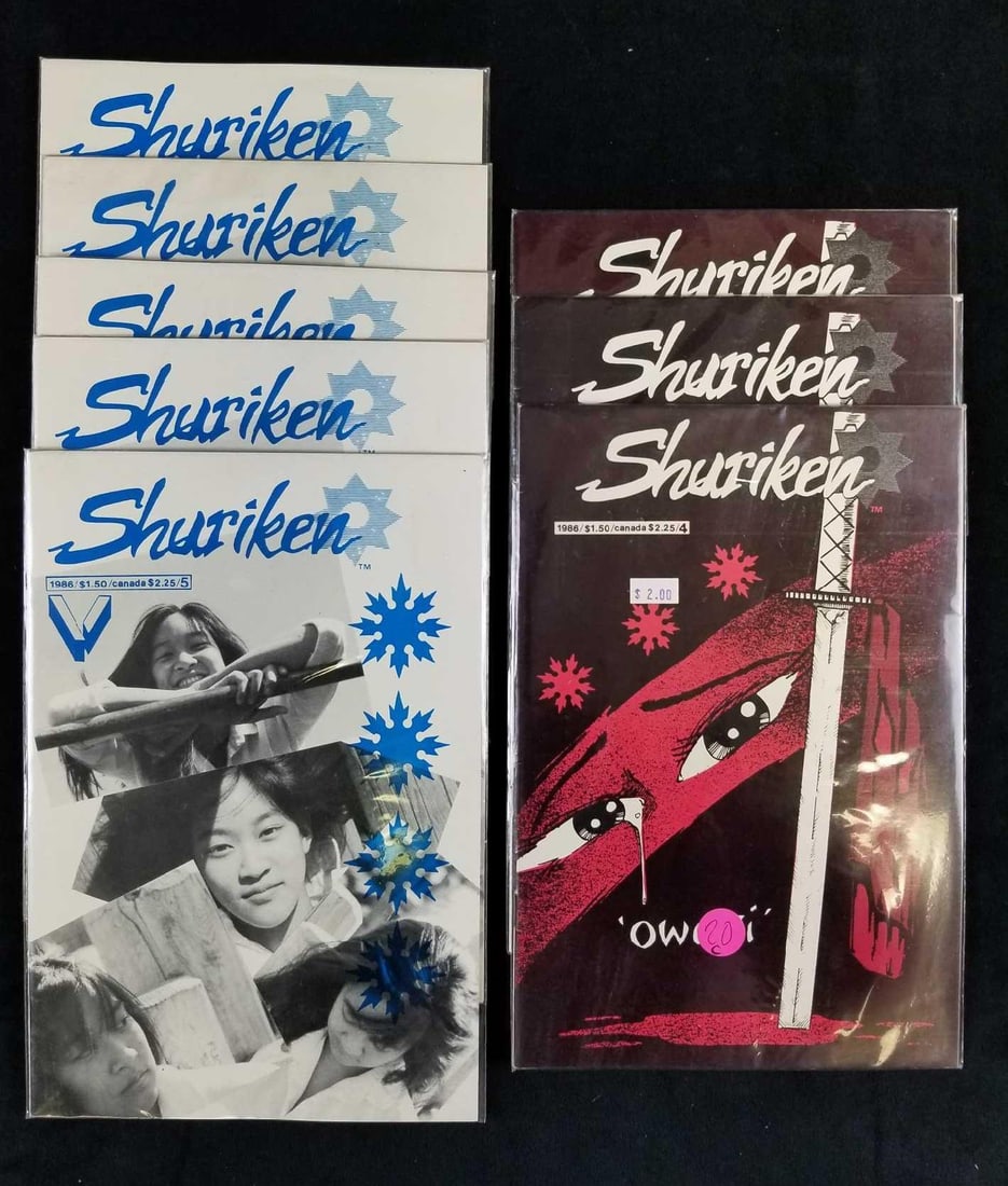 Lot of 8 Shuriken 1986 Comics: This lot is in like new condition with no known rips, tares, or missing pages. Each comic comes in its own protective plastic sleeve. This lot includes (3) "Shuriken- Owari", (5) "Shuriken-V". 