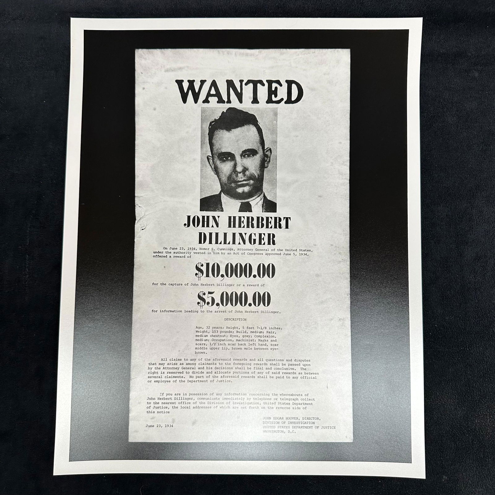 John Herbert Dillinger FBI Wanted Poster $10,000 Reward Black and White Analog Photography Print (1 of 6)