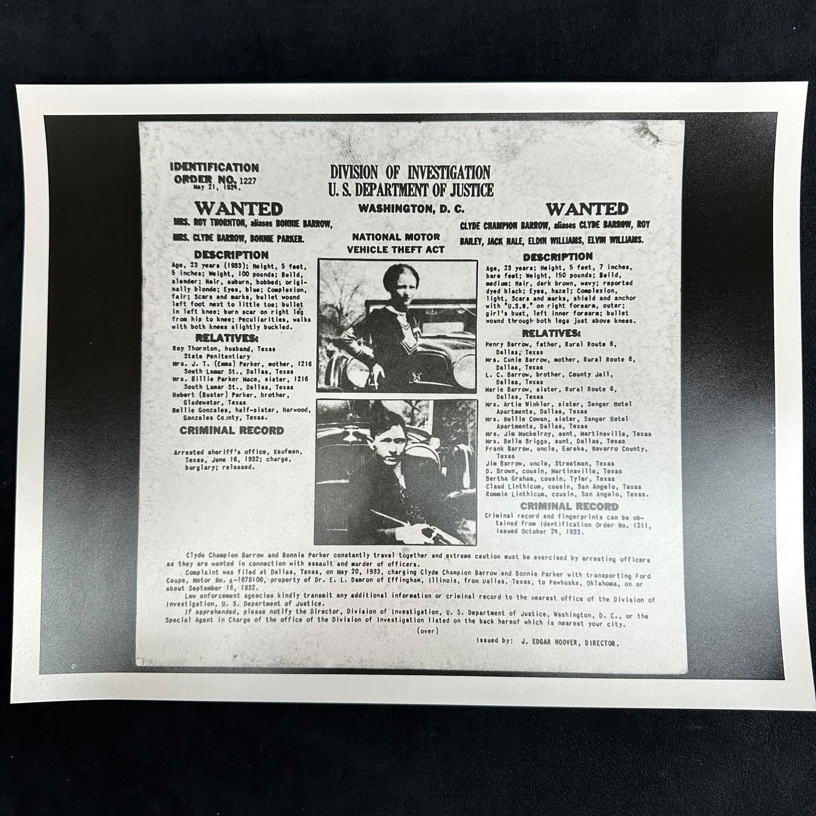 Black and White Analog Photo Print Bonnie and Clyde Wanted Poster U.S. Division of Investigation #3 (1 of 4)