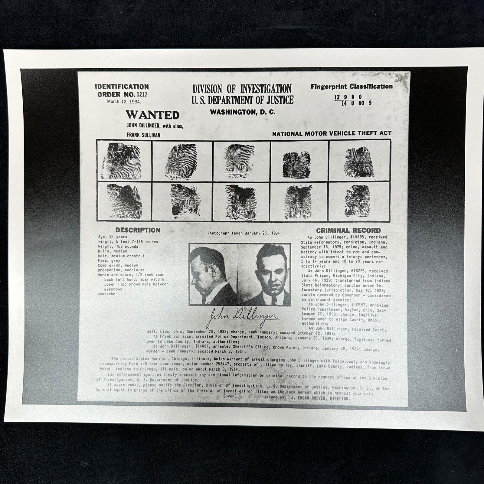 John Dillinger Wanted Poster DOJ Division of Investigation Black and White Analog Photo Print #2 (1 of 5)