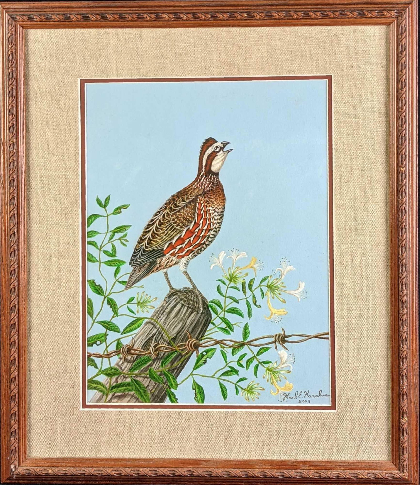 Framed Original Acrylic Karl Karalus Northern Bobwhite: Subject: Northern Bobwhite Size:18" x 1 1/2" x 21 1/2". Weight (with bonus):8.5lbs. Medium:Acrylic On Board. Bonus: "T