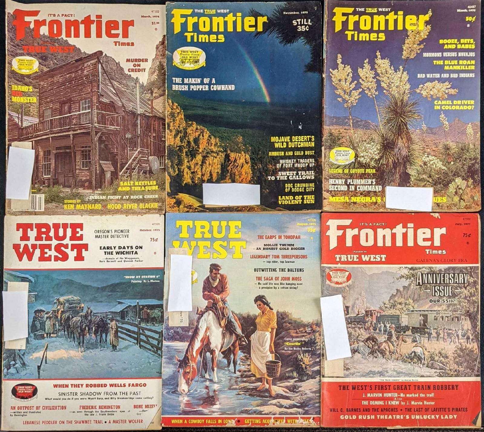 Six Vintage Frontier Times And True West Magazines Cowboy: This lot includes: (1) True West August 1975. (1) True West October 1975. (1) Frontier July 1977. (1) Frontier March 1978. (1) Frontie