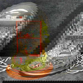 Mother Goose Nursery Rhyme Dollhouse Diorama in Glass Dome Hand Crafted: Charming vintage Mother Goose House miniature diorama encased under a protective glass dome with wood base. This electrified light-up display depicts over 75 classic nursery rhymes in 1/2" scale,