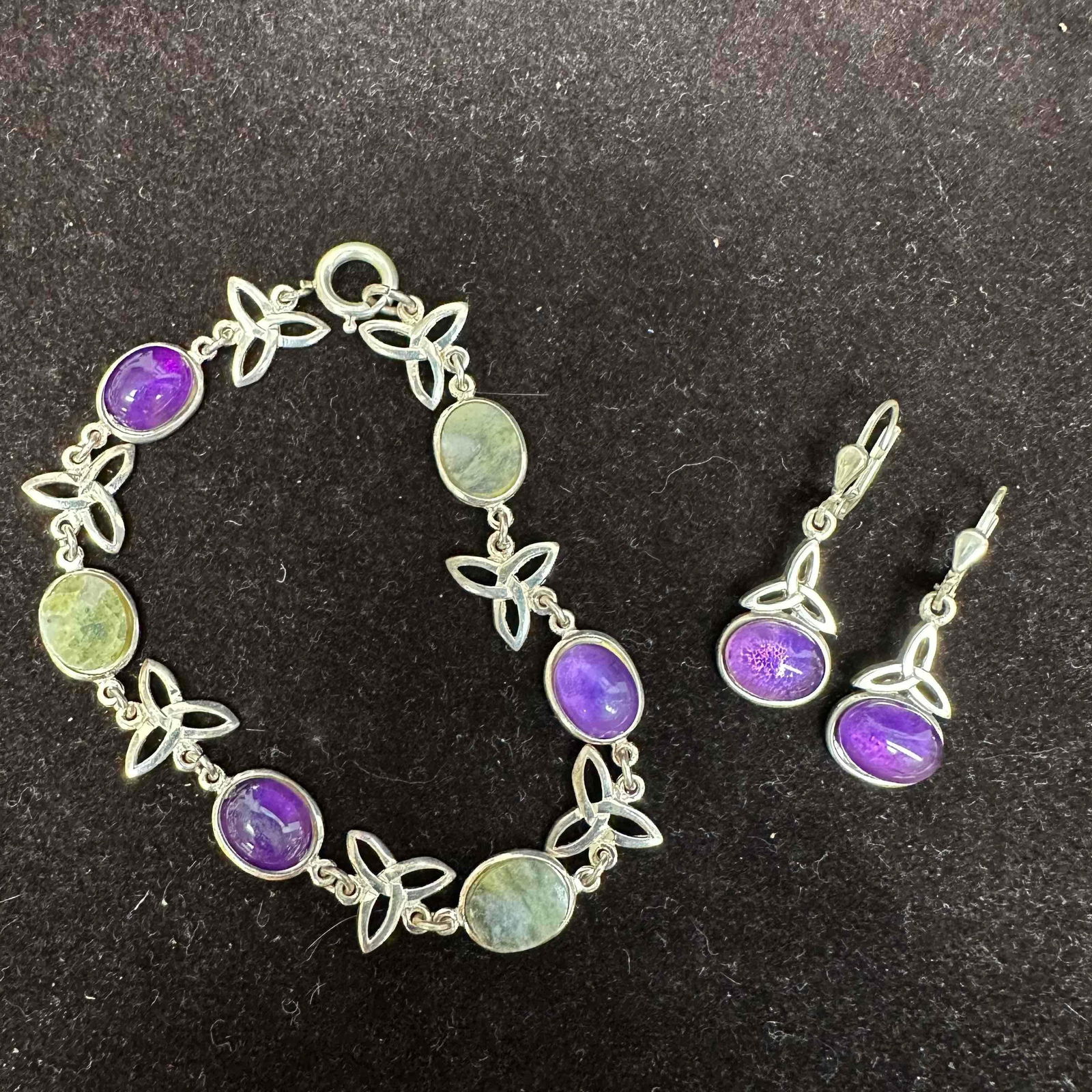 Sterling Silver 925 Bracelet and Earrings Set Amethyst and Green Gemstones Celtic Knot Design (1 of 7)