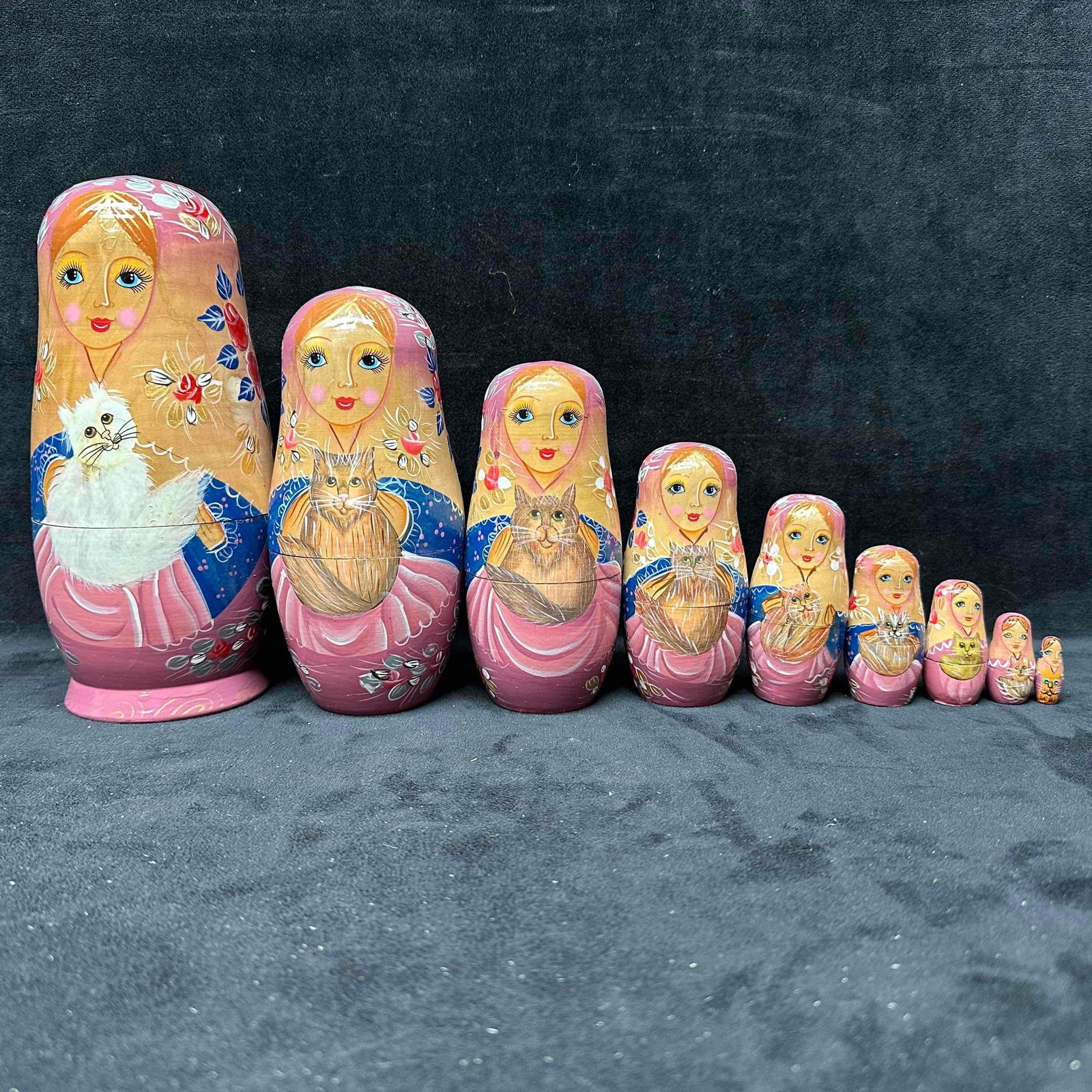 Hand Crafted Nine Piece Russian Matryoshka Nesting Dolls Cat Design Set Pink (1 of 9)