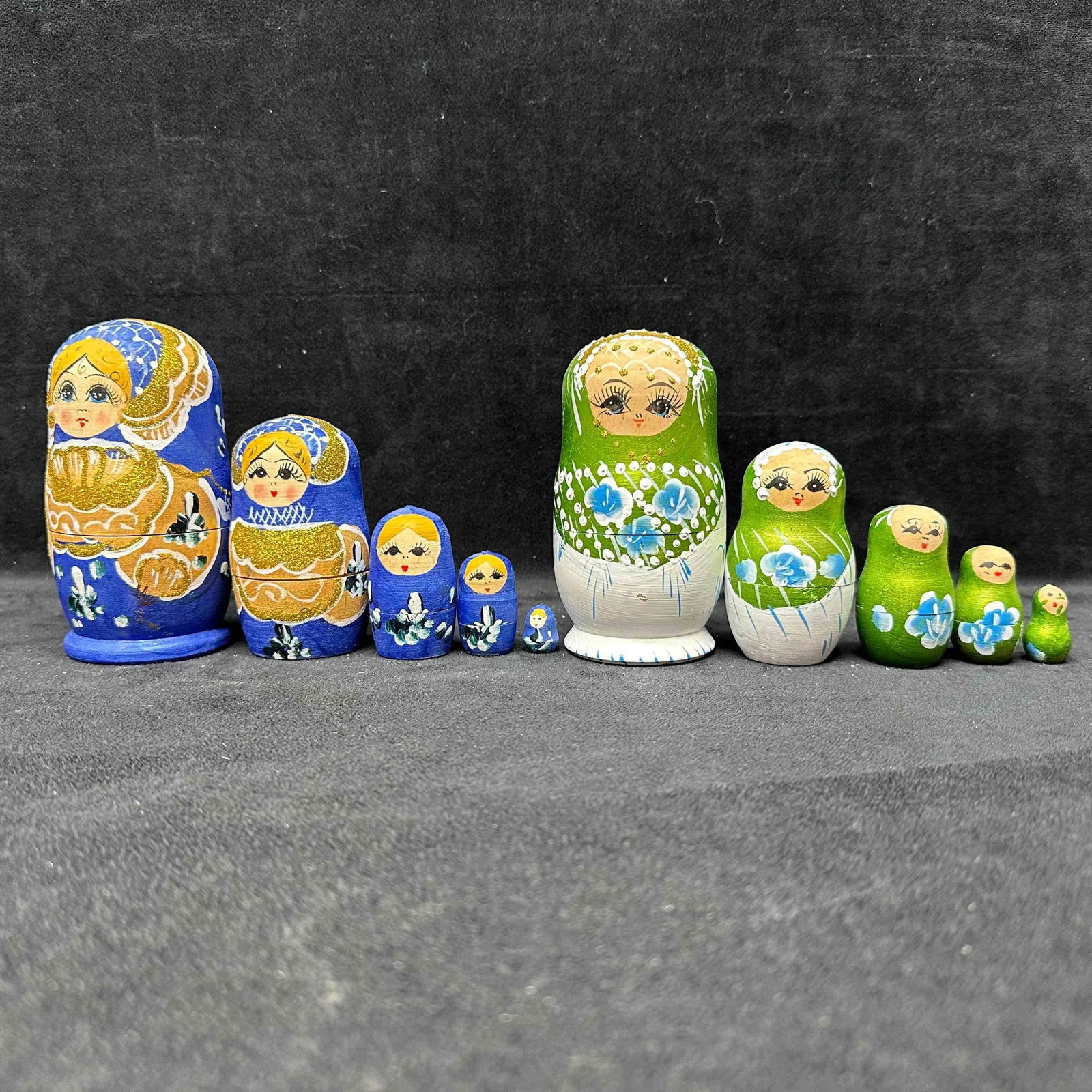 Two Hand-Painted Russian Nesting Doll Sets Blue and Gold Glitter and Green Floral 10 Pieces Set (1 of 9)