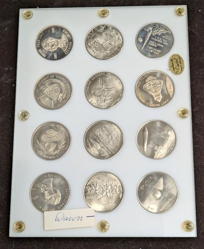 12 1960's Era Coin of the Month Club Medals: 12 1960's Era Coin of the Month Club Medals. These are made of a nickel silver and come in an acrylic case that is approx 6" x 1/4" x 8" and it weighs 0.91lb. These medallion celebrate everything