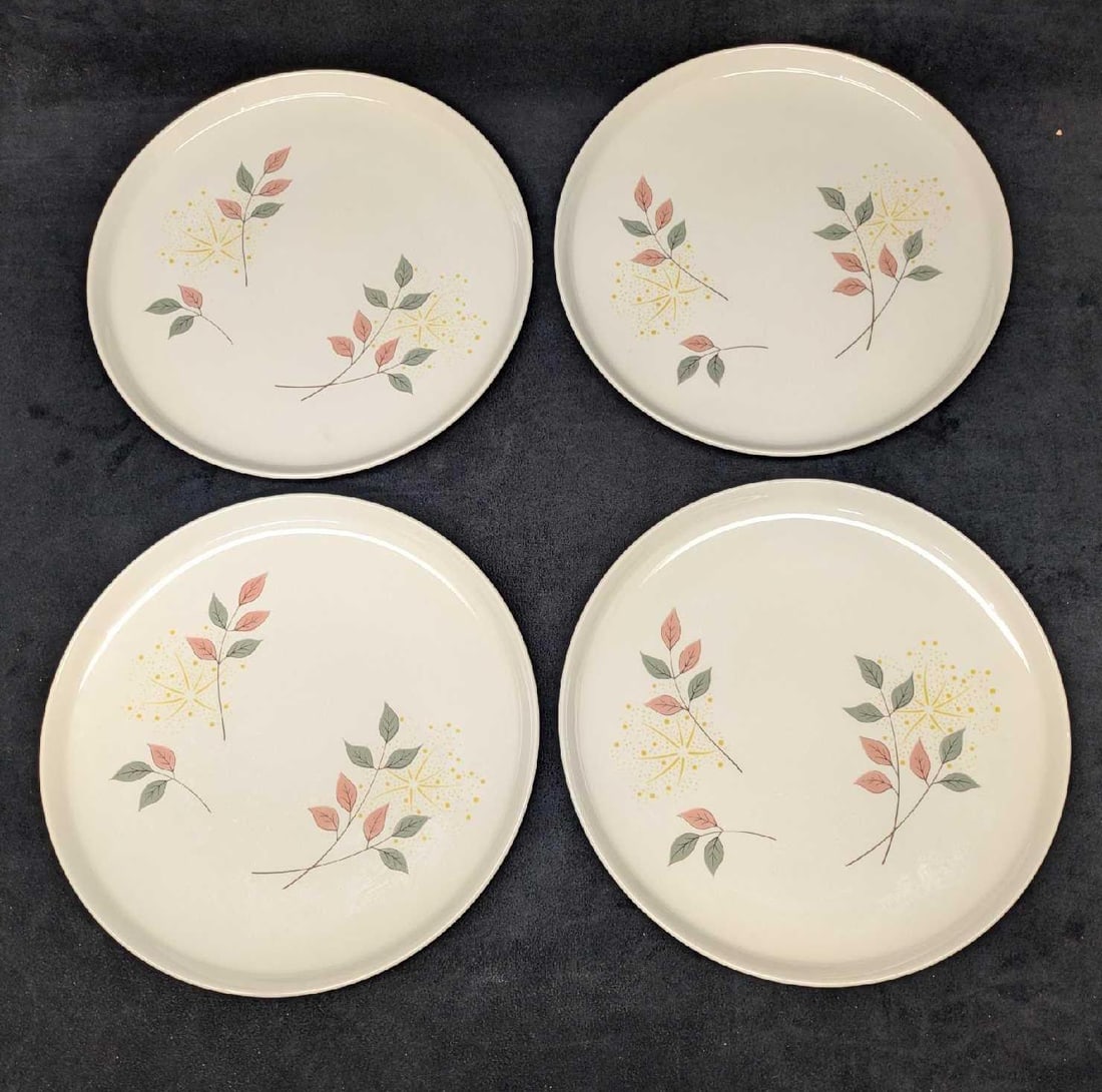 4 Retired Franciscan China Springsong Dinner Plates: 4 Retired Franciscan China Springsong Dinner Plates. This series was released from the year 1958 to the year 1959. Each of the plates is approx 10" x 10" x 3/4" and the total weight is 5.14 lbs.