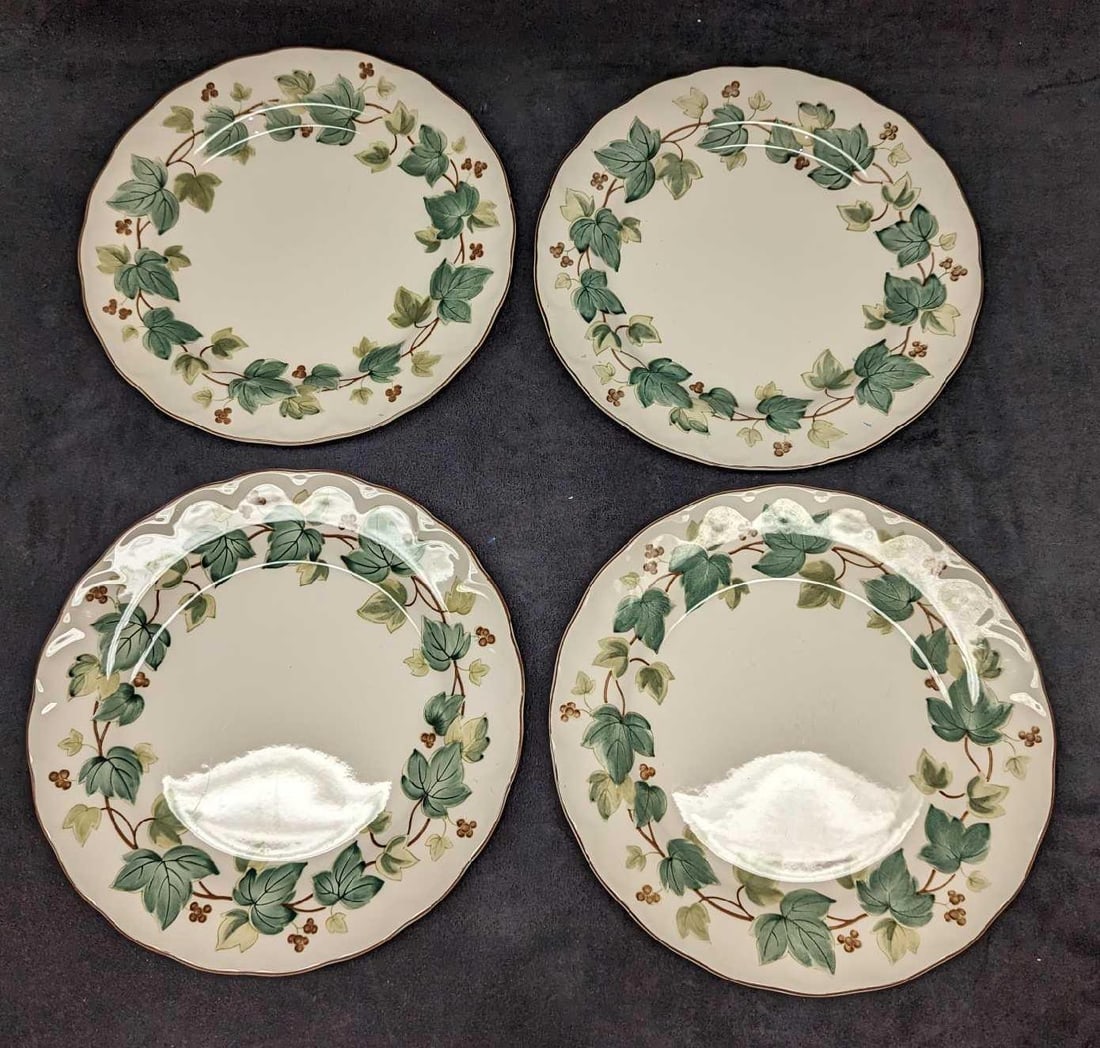 4 Retired Nikko Greenwood Dinner Plates C: 4 Retired Nikko Greenwood Dinner Plates C. This series was released from the year 1995 to the year 2004. Each is approx 10 1/4" x 10 1/4" x 1". The total weight is 5.80 lbs. The plates have some signs
