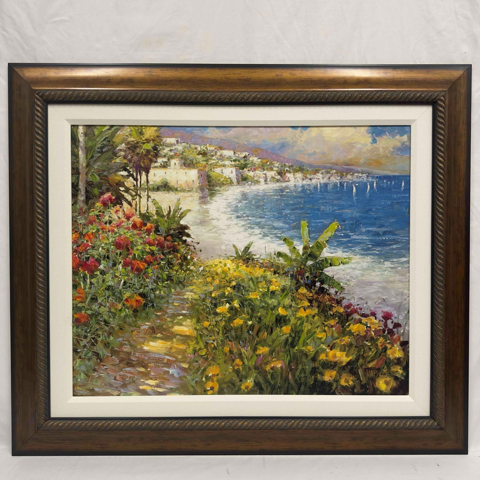 Marko Mavrovich Walking with You Giclee Color on Canvas Framed: Marko Mavrovich Walking with You Giclee Color on Canvas Framed. Giclee in color on canvas with hand embellishment by Marko Mavrovich 2007. Frame showing light wear with small crack. Includes original