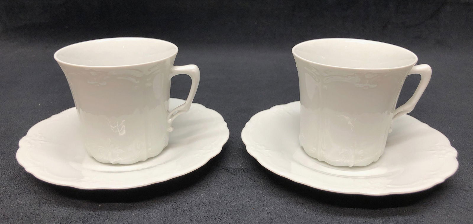 Hunterschenreuther Selb Bavaria 4pc Tea Cup & Saucer Set - Made in Germany - "Racine" White Pattern: Vintage Tea Cup and Saucer Set - Hunterschenreuther Selb Bavaria - Made in Germany - "Racine" All White Pattern. (2pcs) Tea Cup 3-3/4" x 3-1/4" x 3" (2pcs) Saucer 6" x 6"