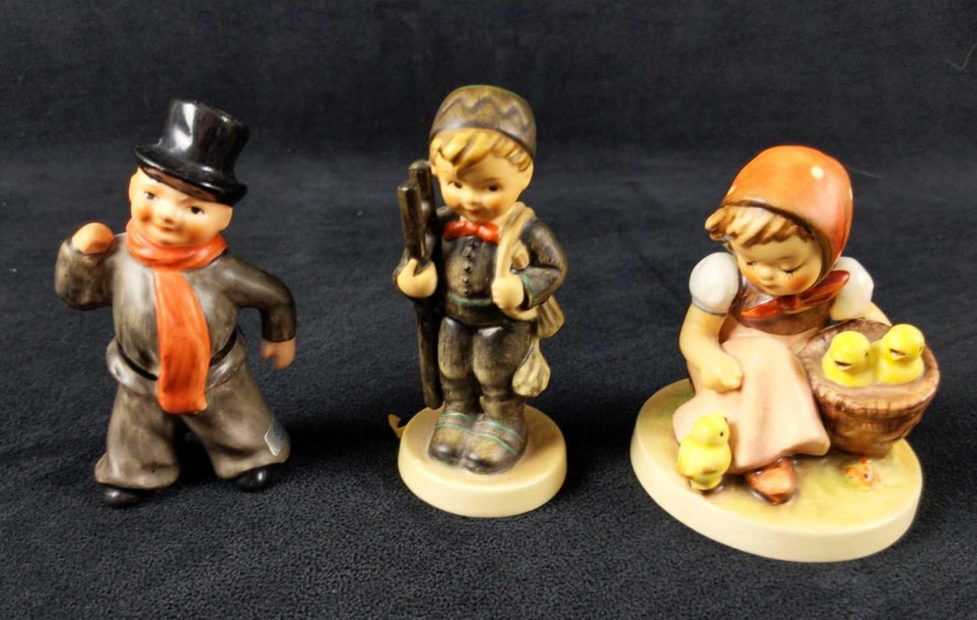 3 Vintage Goebel Hummel Hats Birds Ladders Figurines: This lot includes: (1) Chick Girl. 57/0 HUM. TMK-5. Is approx 3" x 3" x 4". Is in good, vintage condition with no known damage. (1) Chimney Sweep. 12 2/0. TMK-6. Is approx 2" x 2