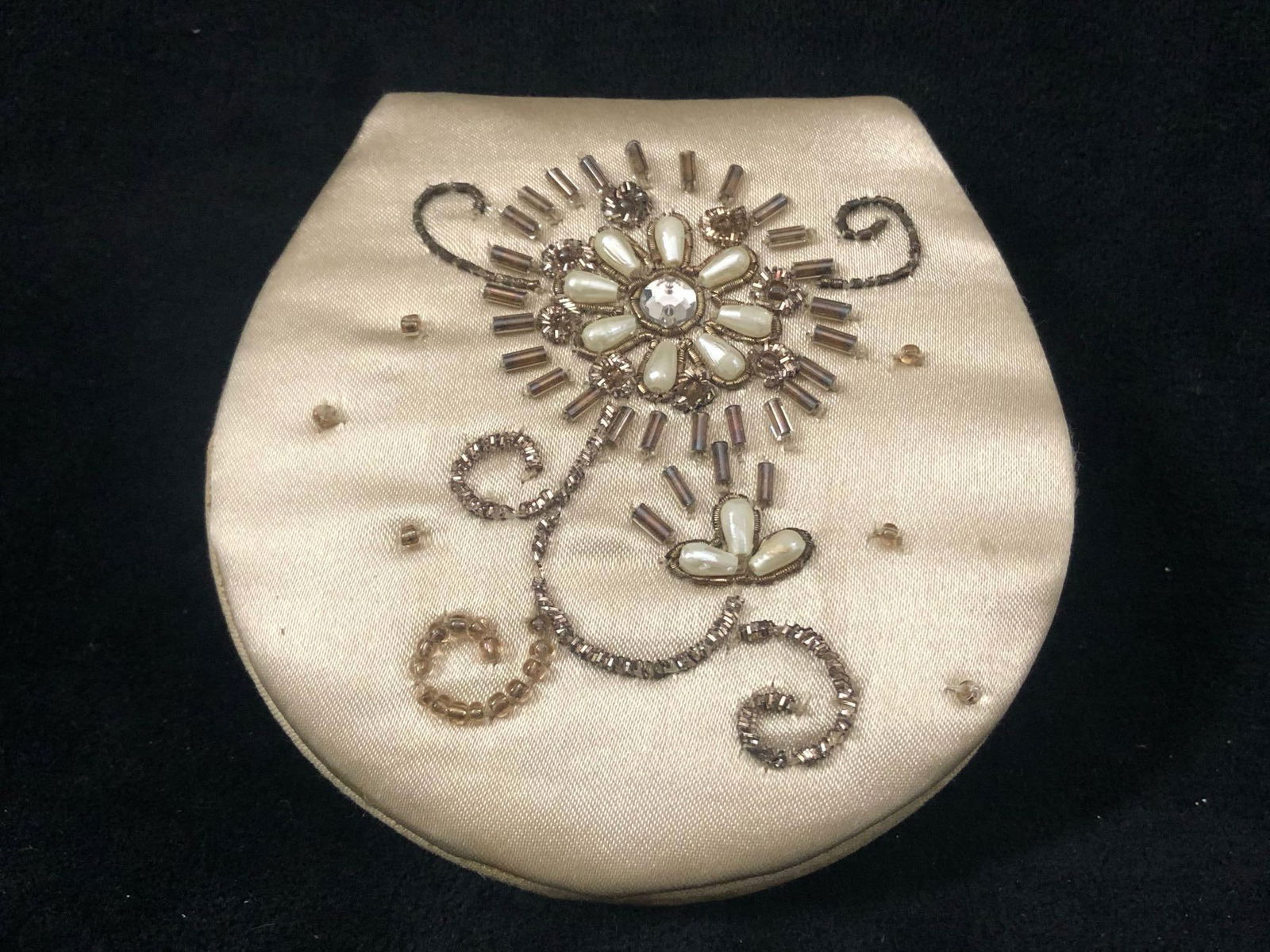 Antique Silk Micro Beading Sterling woman's Mirror Compact (1 of 7)