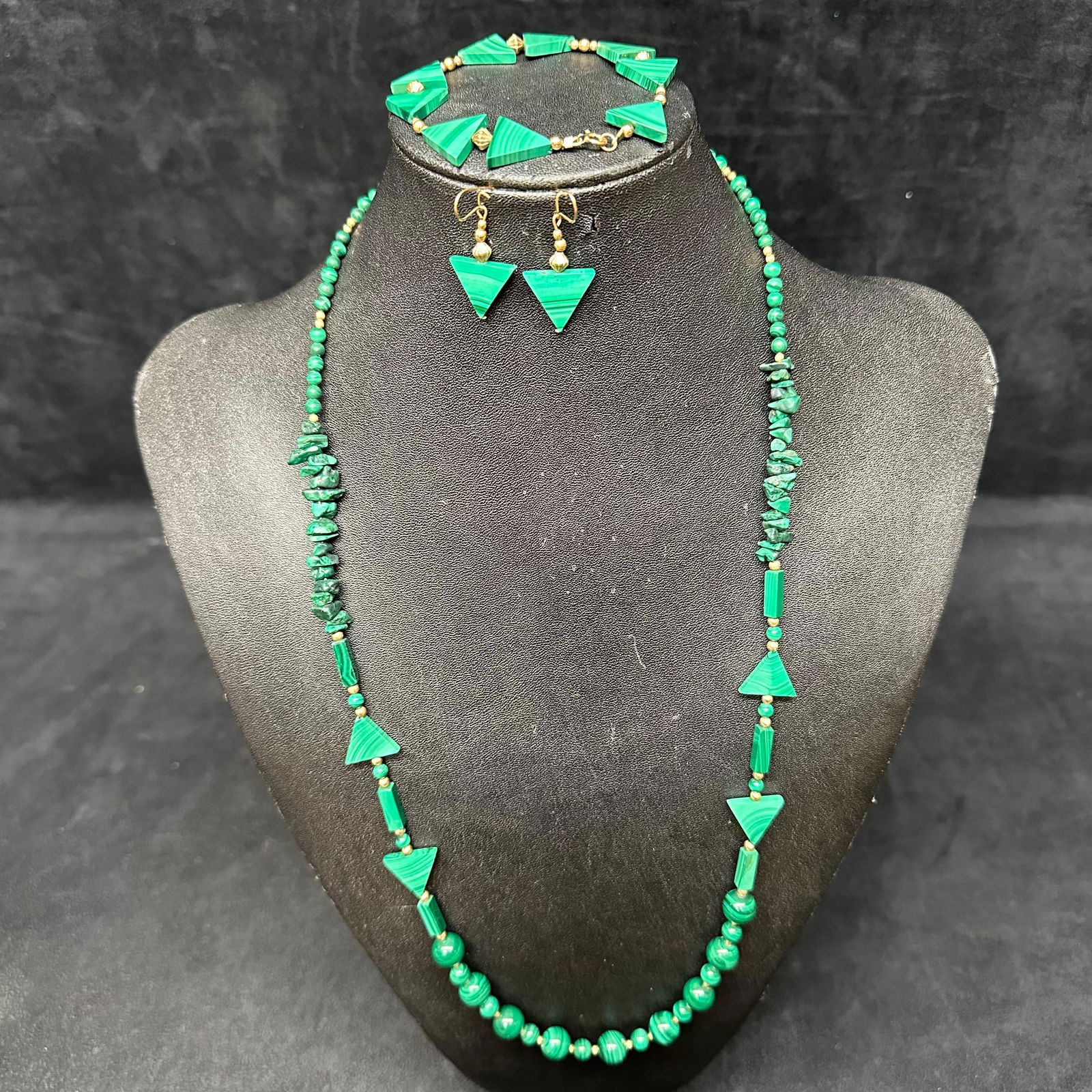 Malachite Jewelry Set Gold Filled Necklace Bracelet and Earrings (1 of 10)