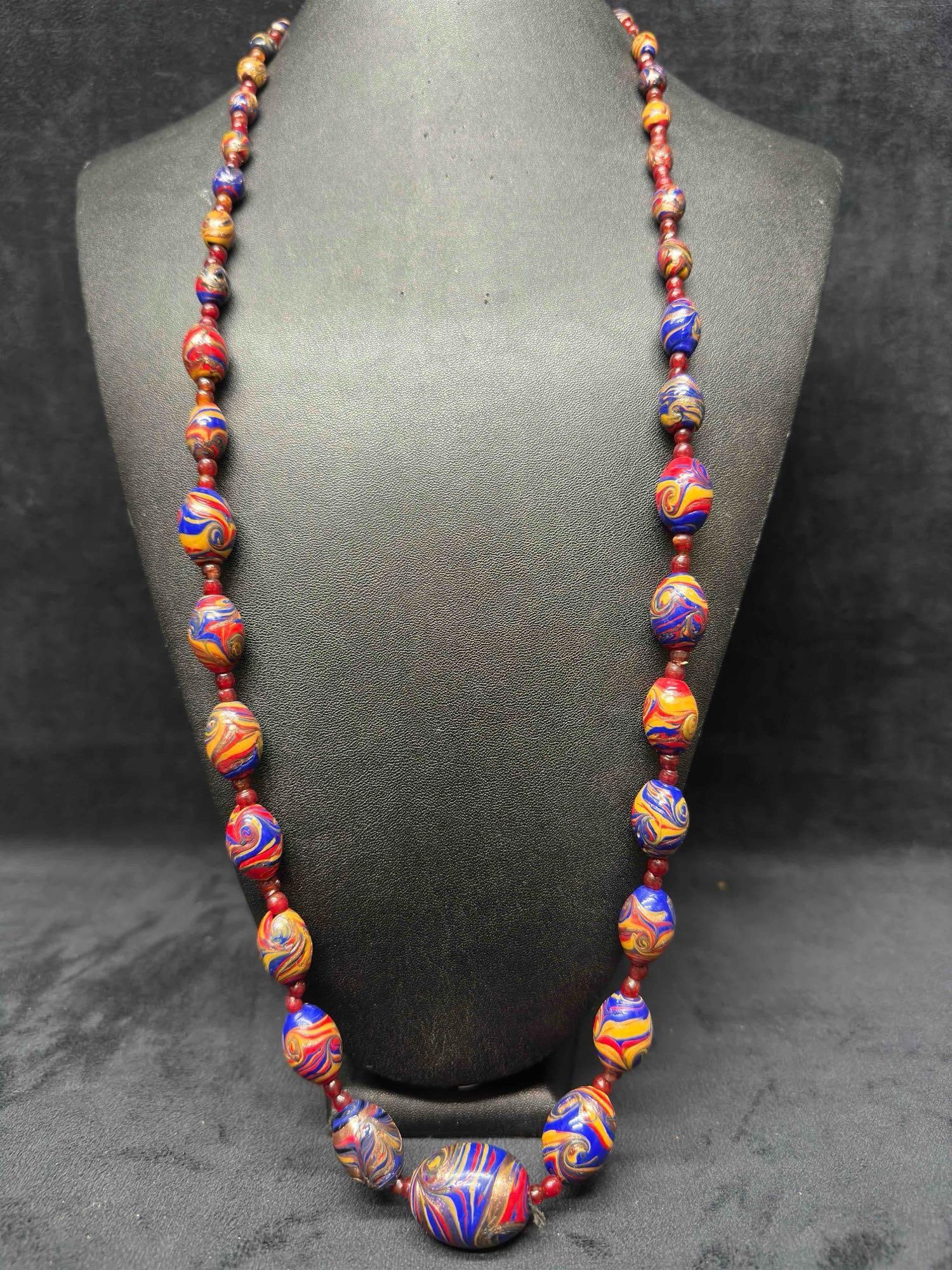 Murano Venetian Lamp Work Art Glass Red Blue Orange Swirl Copper Accents Long Necklace F7 (1 of 9)
