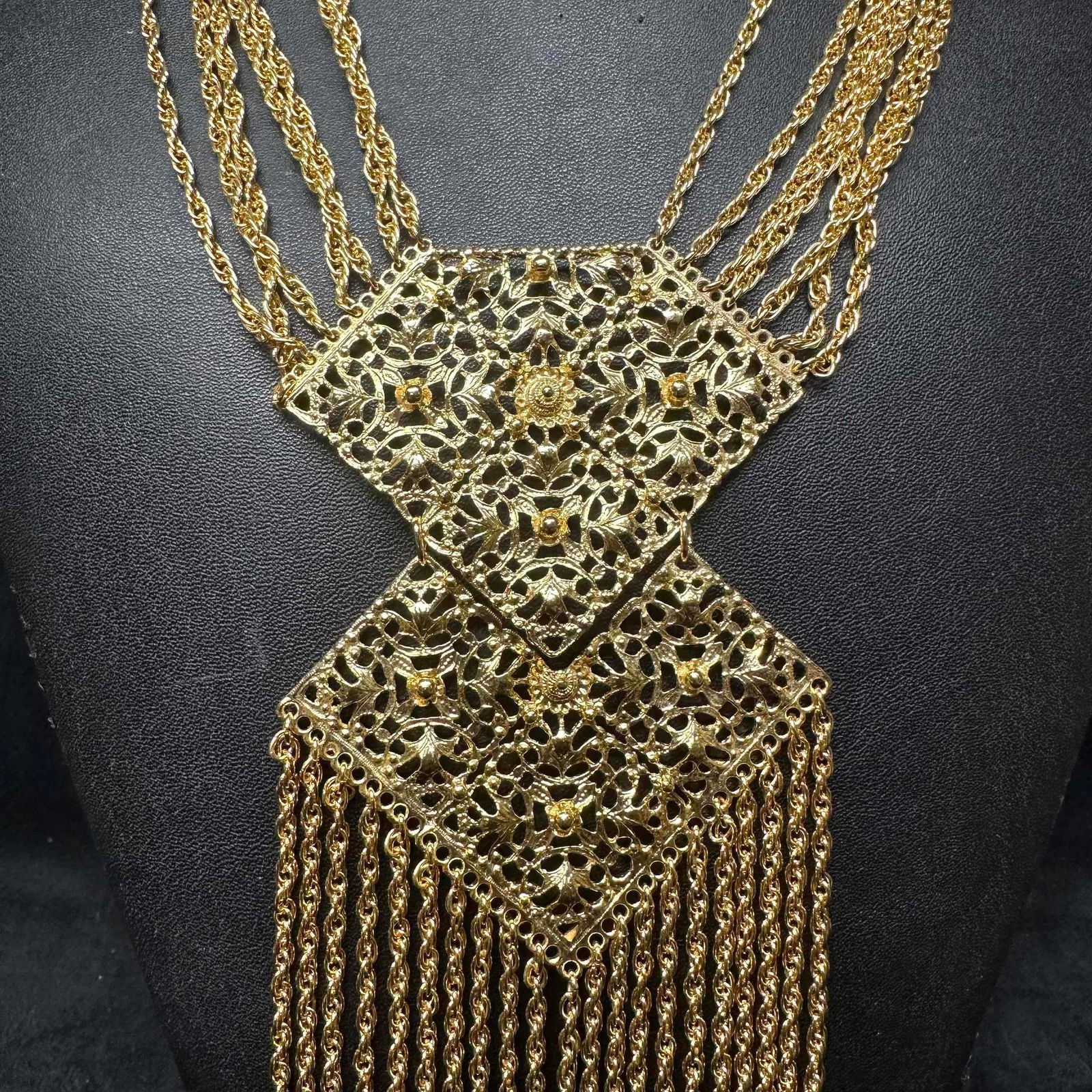 Hillcraft Gold Tone Filigree Statement Necklace with Fringe Chain Tassels J14 (1 of 9)