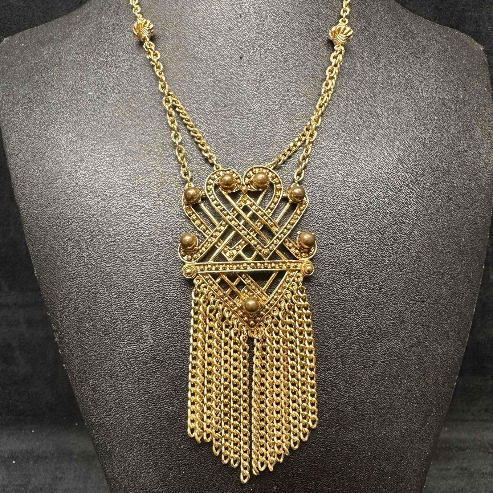 Florenza Gold Tone Statement Necklace Bold Geometric Pendant Chain Fringe (1 of 8)