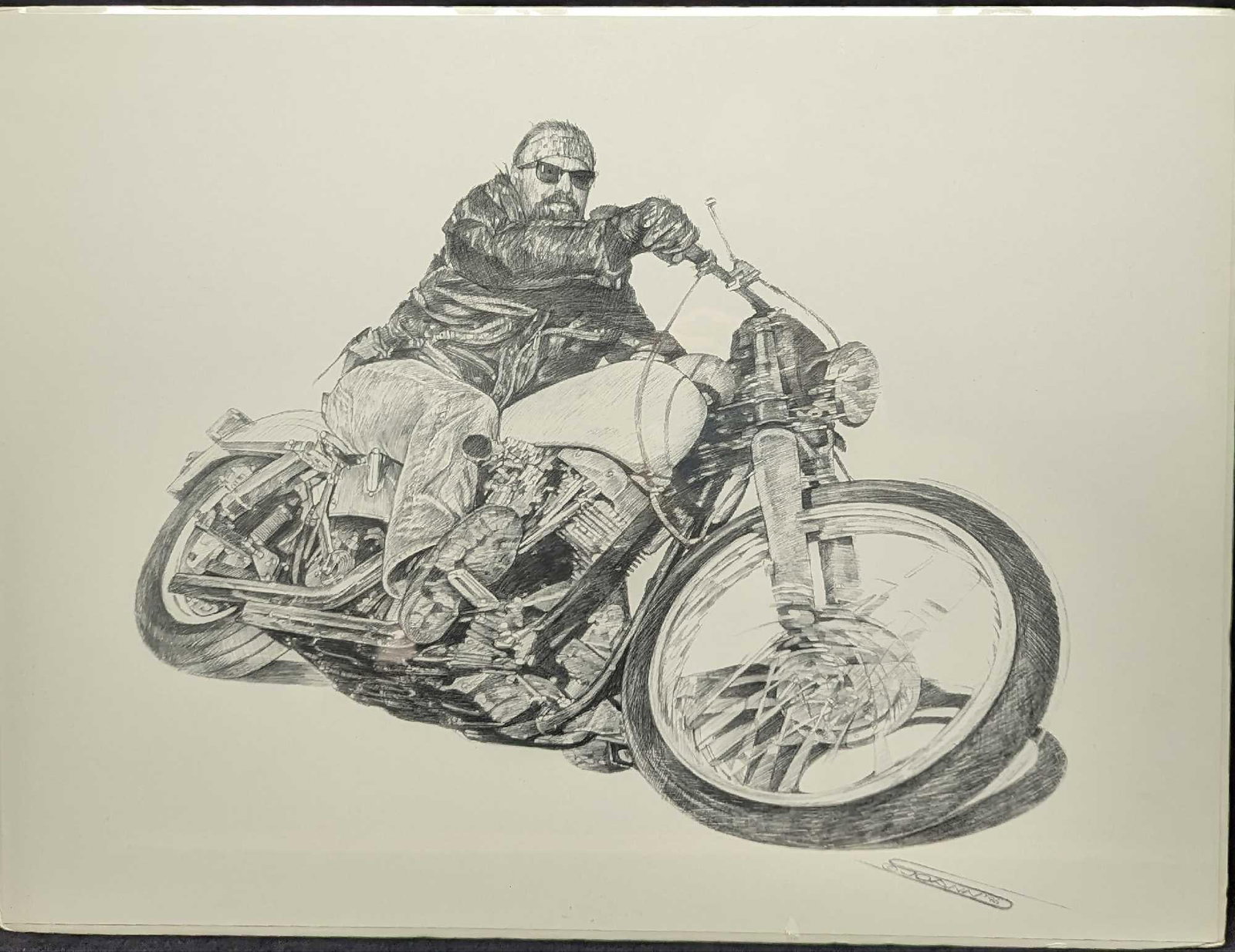 Motorcycle Biker Joann Print: Motorcycle Biker Joann Print. This print is approx 24" x 18" and it weighs 0.57lb. The print has its original wrapping, and there is a small rip in the plastic near the middle bottom of the print. Ple